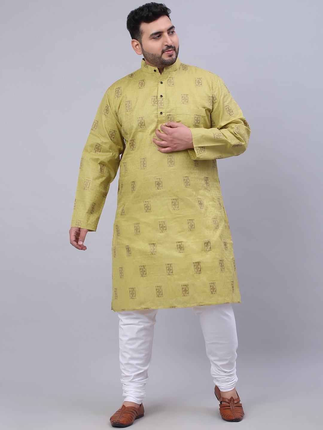 

KLOTTHE Plus Size Geometric Print Mandarin Collar Cotton Straight Kurta, Yellow