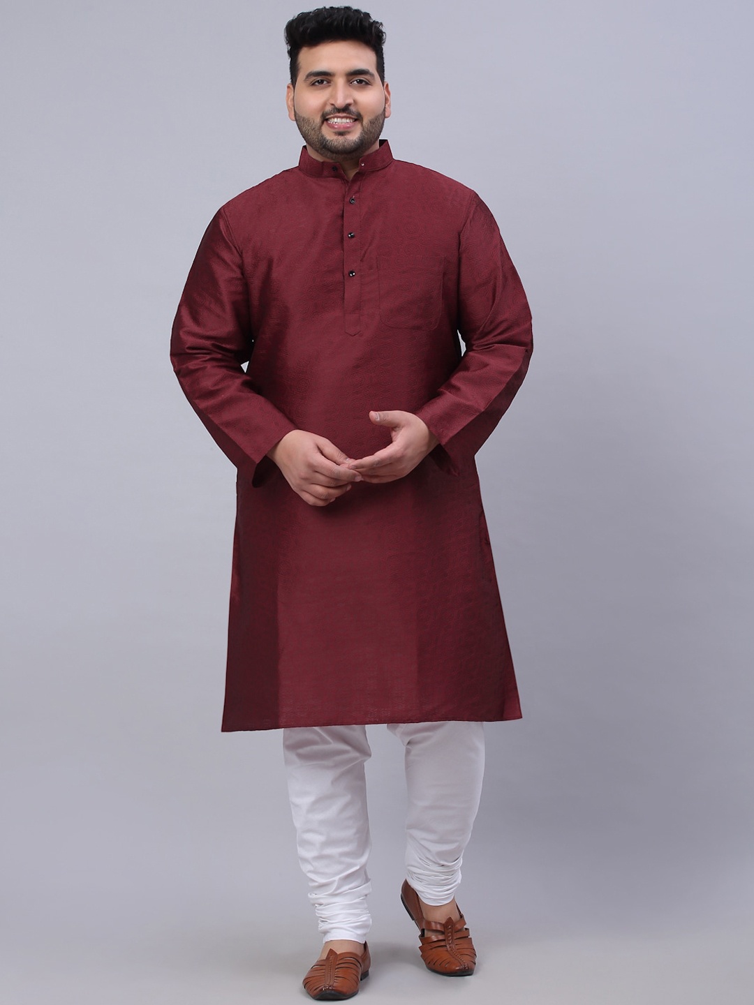 

KLOTTHE Men Plus Size Floral Printed Mandarin Collar Cotton Silk Straight Kurta, Maroon