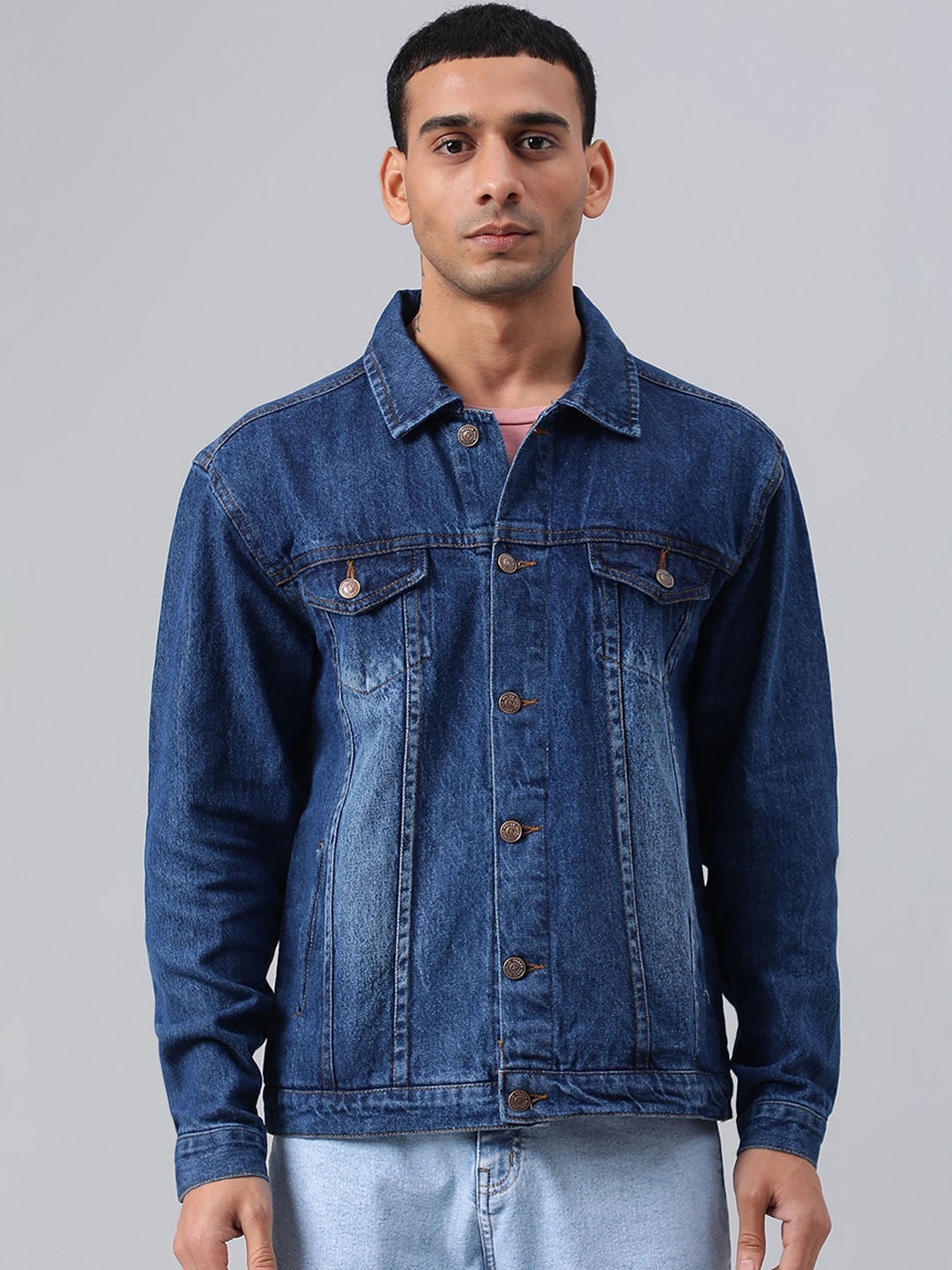 

Kotty Men Blue Washed Denim Jacket with Embroidered