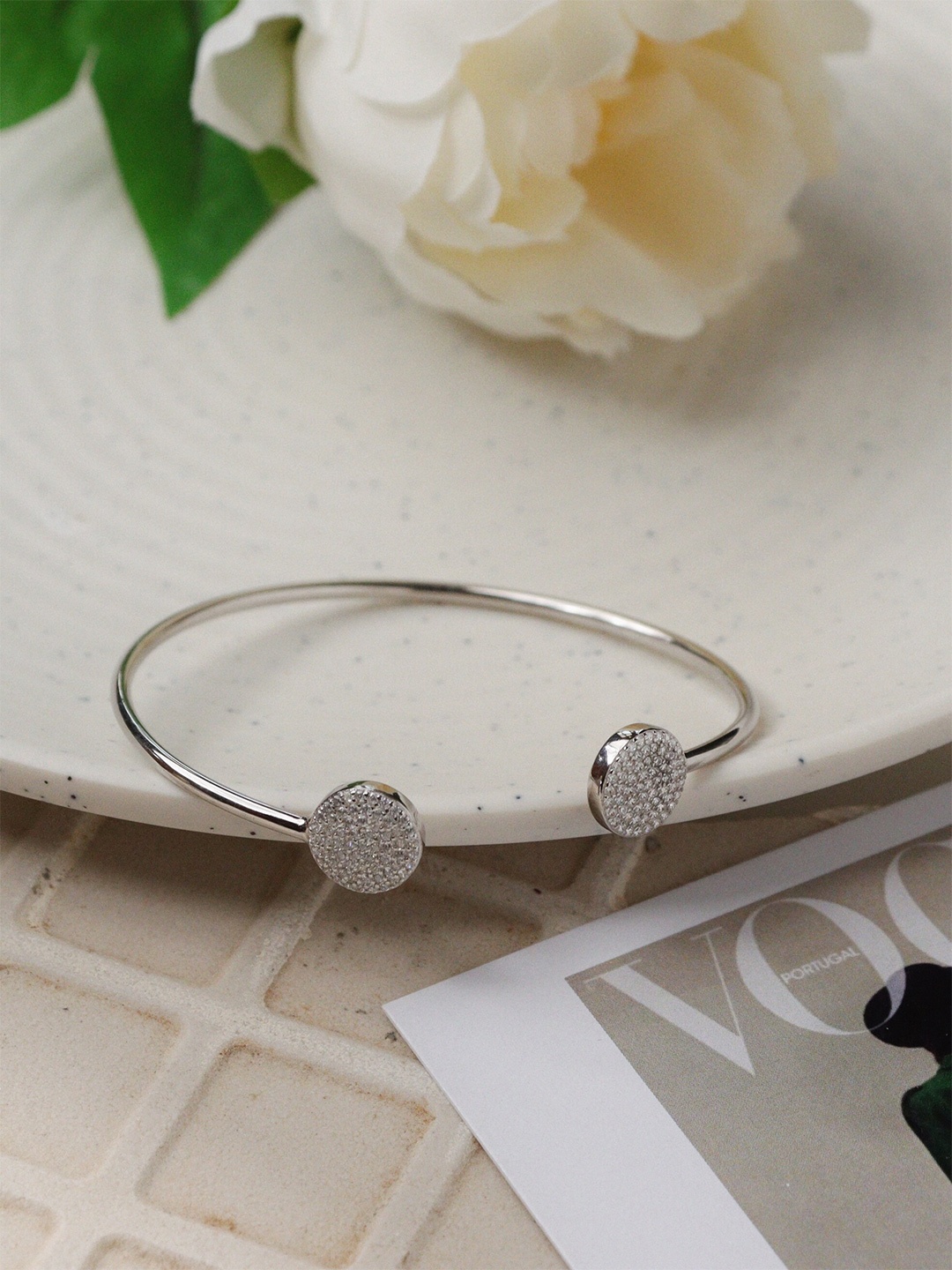

CURIO COTTAGE Women Rhodium-Plated Stone Studded Cuff Bracelet, White