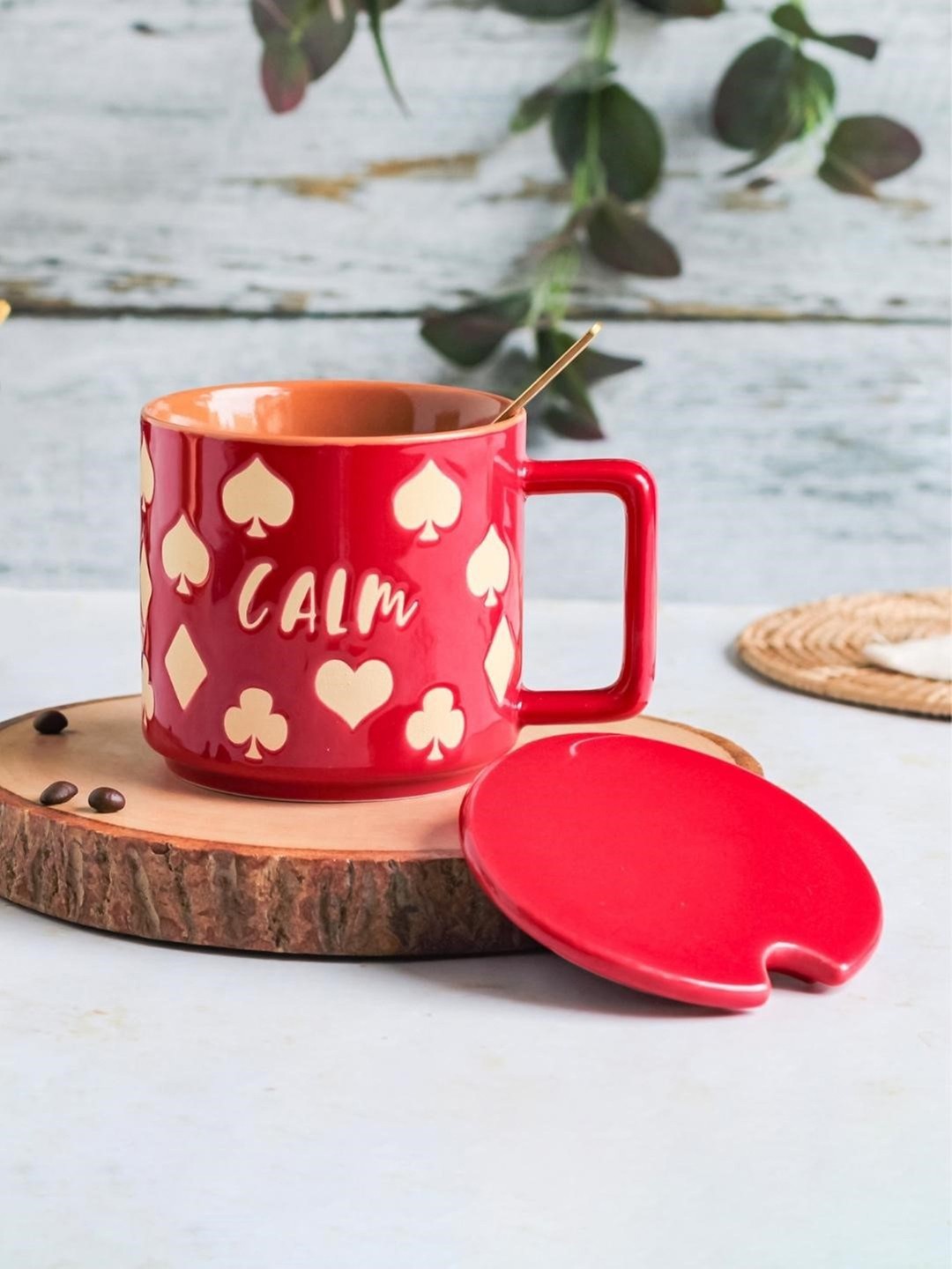 

Nestasia Red & Beige Card Printed Textured Ceramic Glossy Mug 450 ml