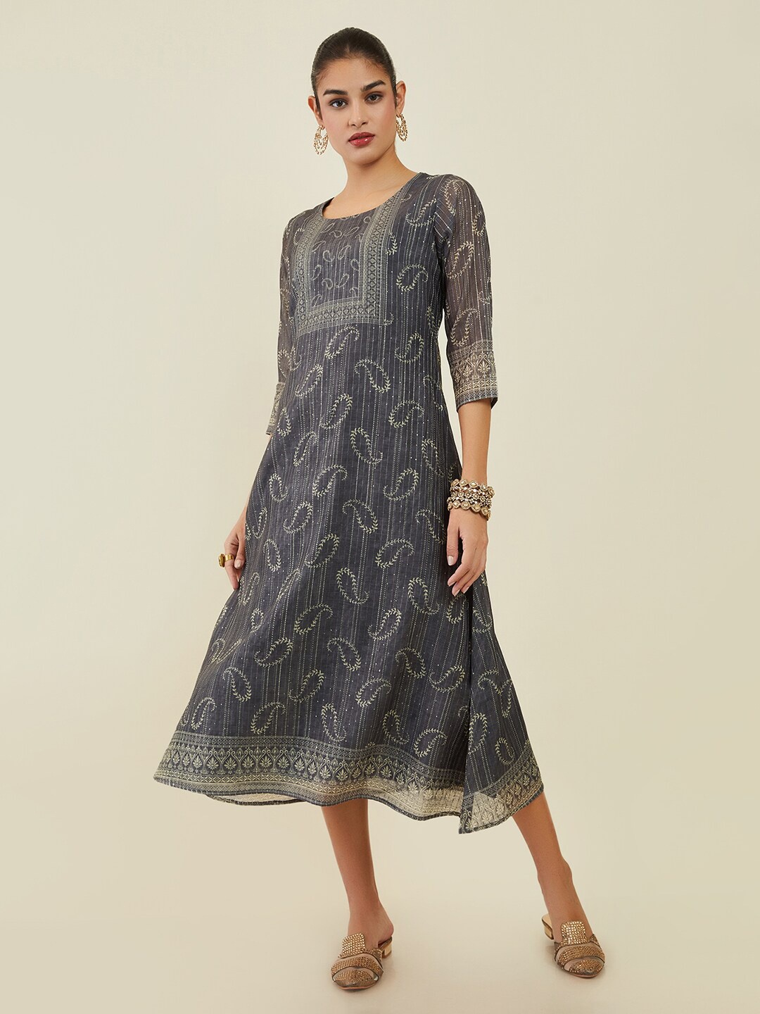 

Soch Ethnic Motifs Printed Sequinned A-Line Midi Ethnic Dress, Charcoal