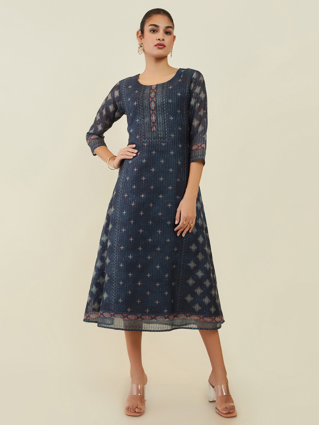 

Soch Navy Ethnic Motifs Printed Sequinned A-Line Midi Ethnic Dress, Navy blue
