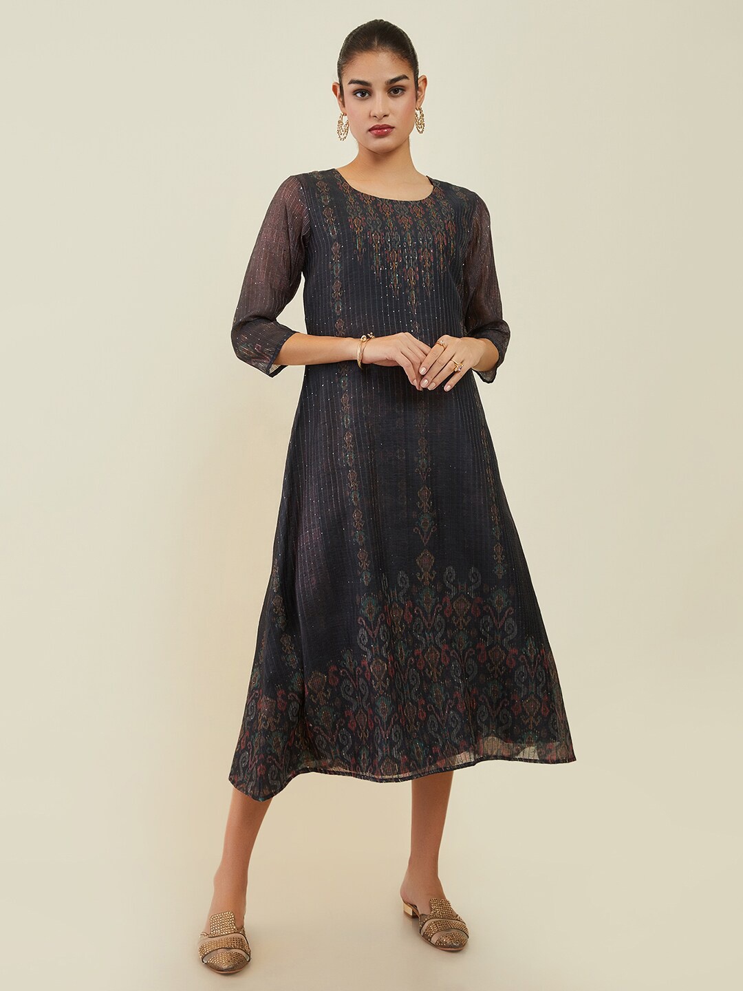 

Soch Floral Printed Sequined A-Line Midi Ethnic Dress, Black