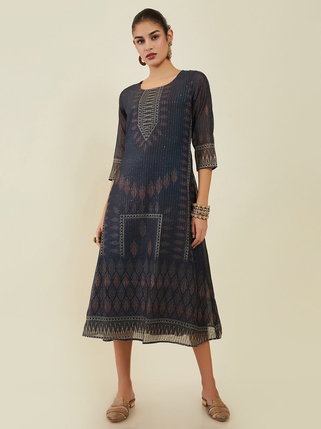 

Soch Ethnic Motifs Printed Sequined A-Line Midi Ethnic Dress, Navy blue