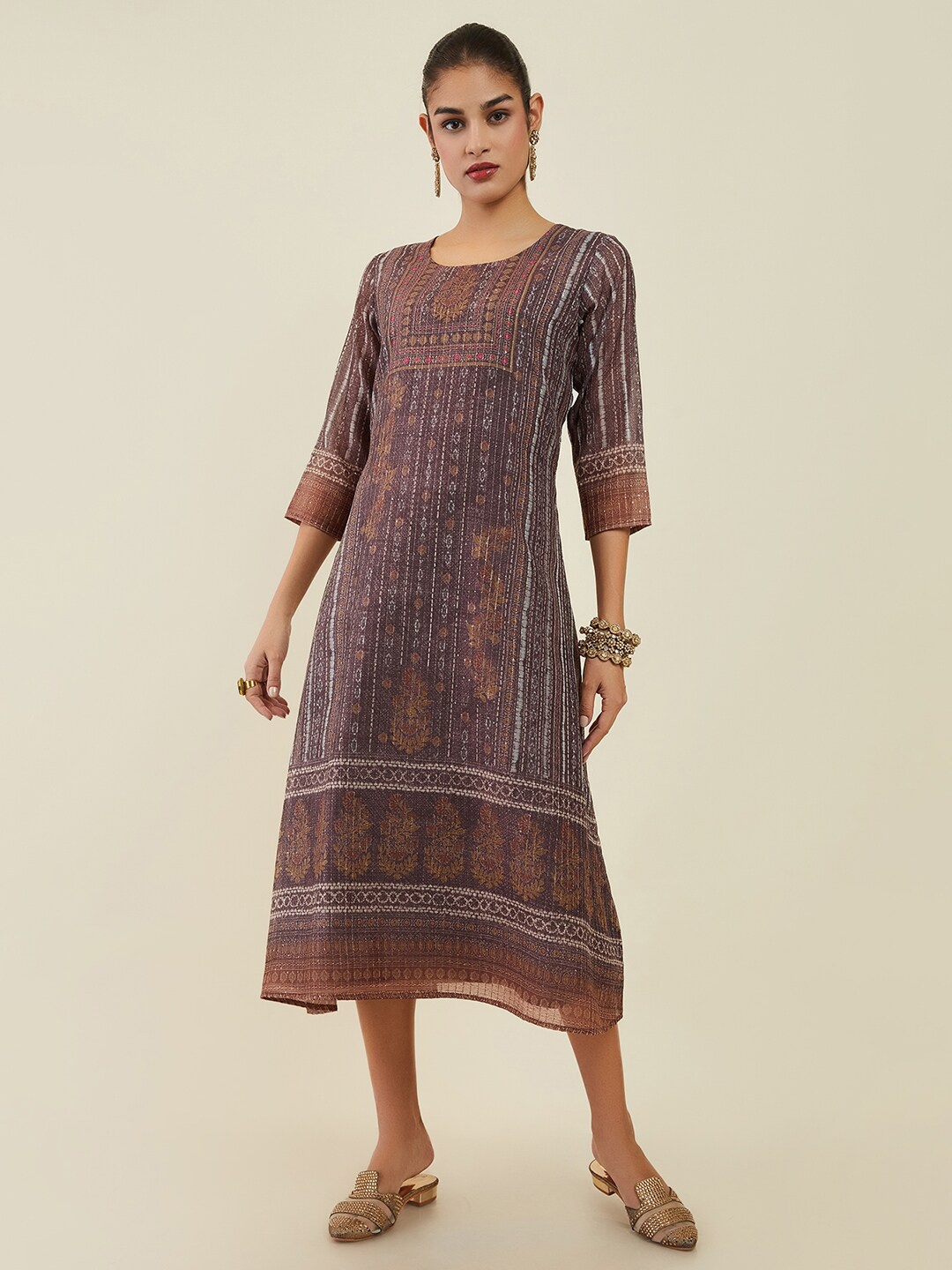 

Soch Ethnic Printed A-Line Midi Ethnic Dress, Brown