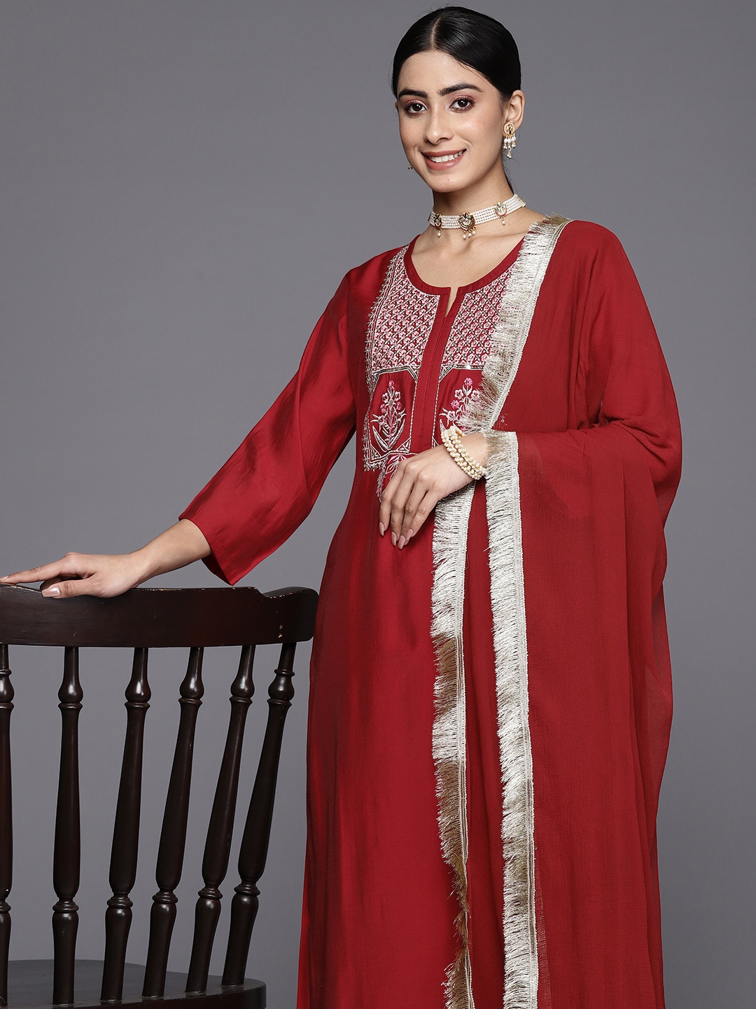 

Varanga Women Red Floral Embroidered Sequinned Kurta with Trousers & With Dupatta