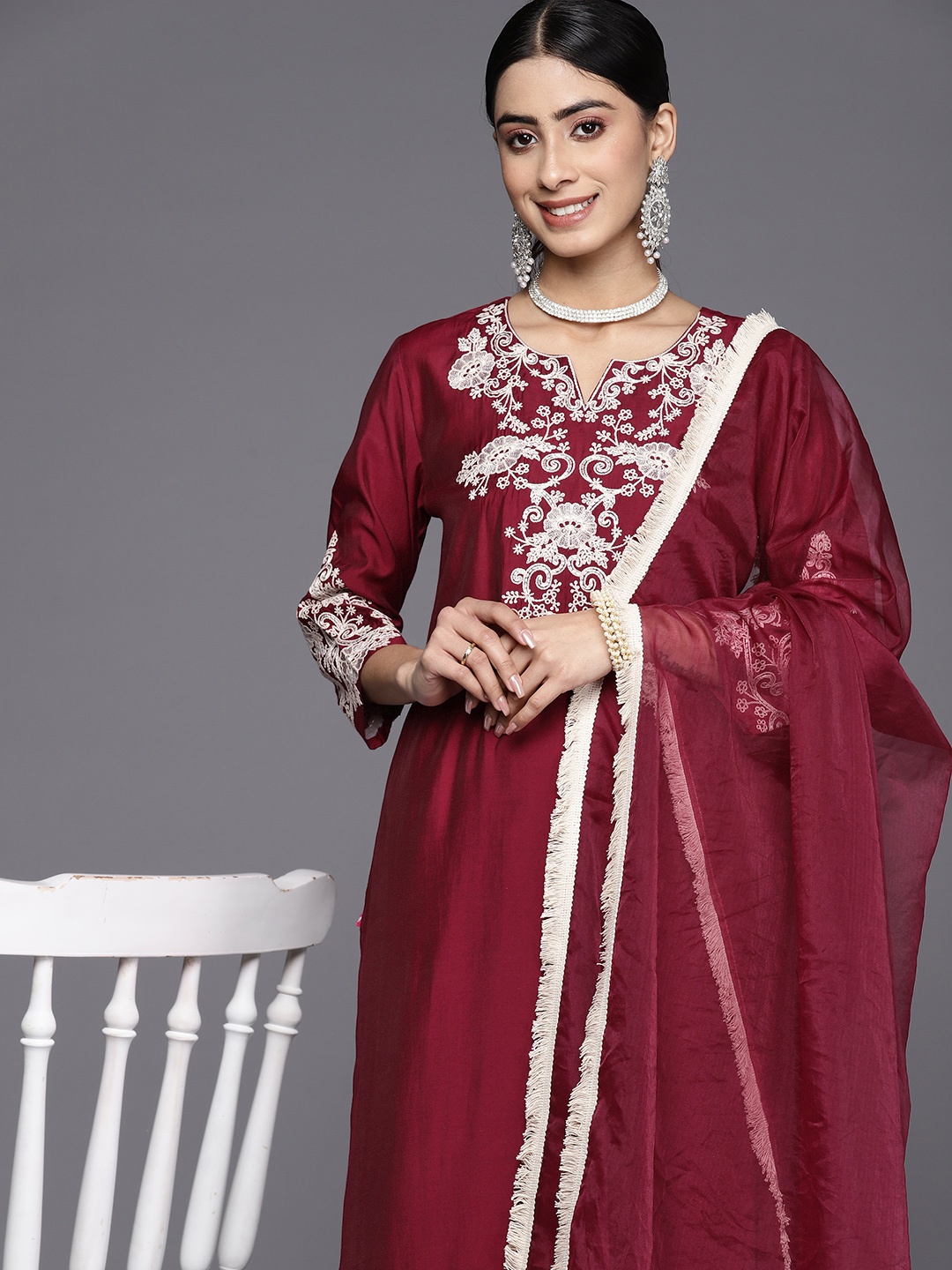 

Varanga Women Embroidered Thread Work Kurta With Trousers & Dupatta, Maroon