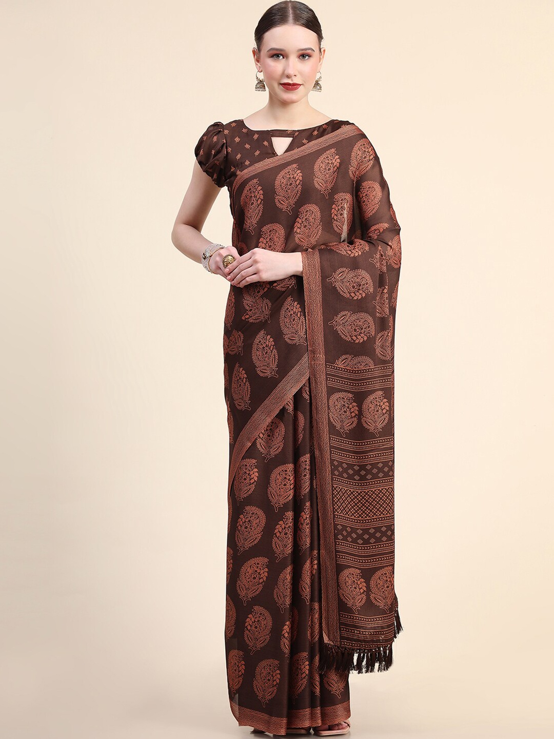 

Leeza Store Ethinic Motifs Printed Saree, Brown