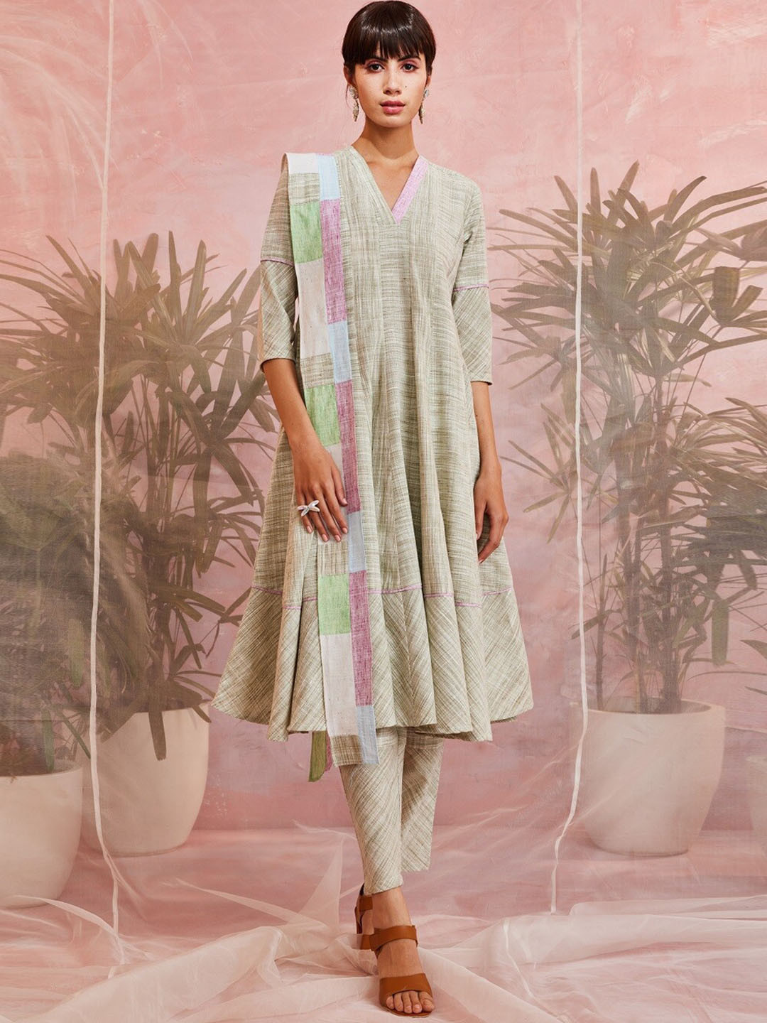 

charkhee Women Pure Cotton Kurta with Trousers & Dupatta Set, Olive