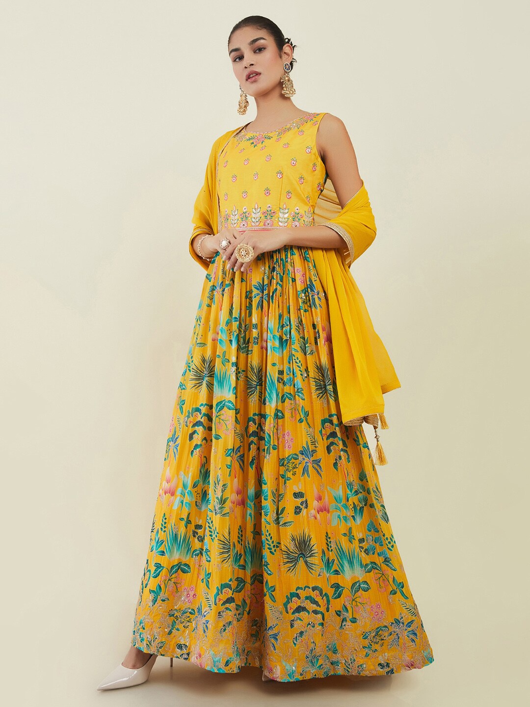 

Soch Women Floral Printed Pleated Sequinned Pure Cotton Kurta with Churidar & Dupatta, Yellow