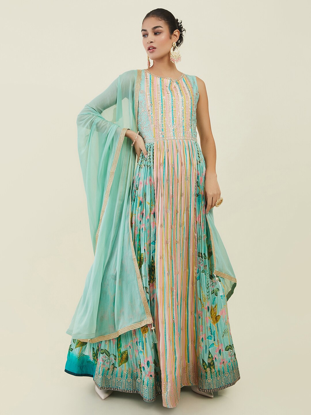 

Soch Women Sequinned Embellished & Floral Print Pleated Anarkali Kurta Trousers & Dupatta, Sea green