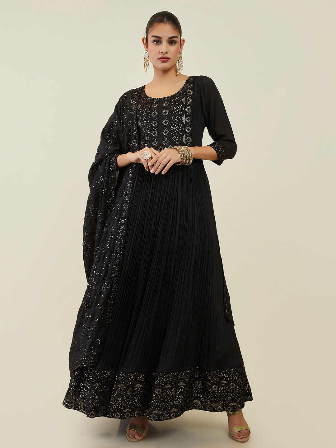 

Soch Women Ethnic Motifs Embroidered Sequinned Pure Cotton Kurta with Churidar & Dupatta, Black