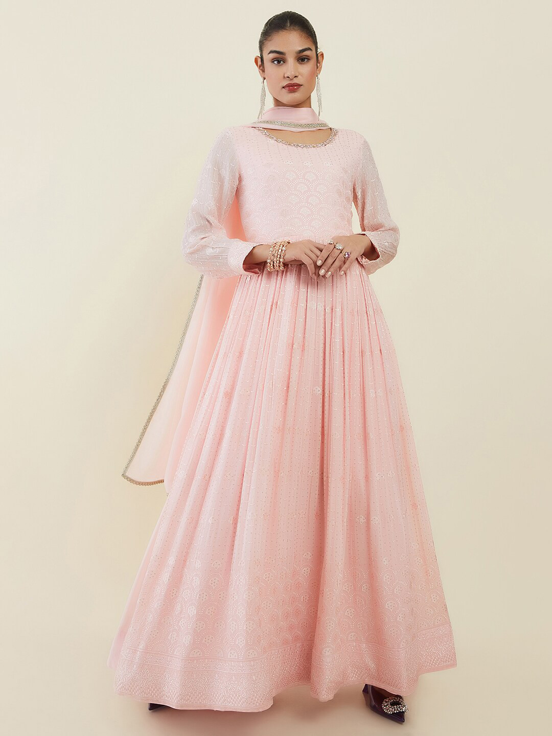 

Soch Women Floral Embroidered Sequinned Pure Cotton Kurta With Trousers & Dupatta, Pink