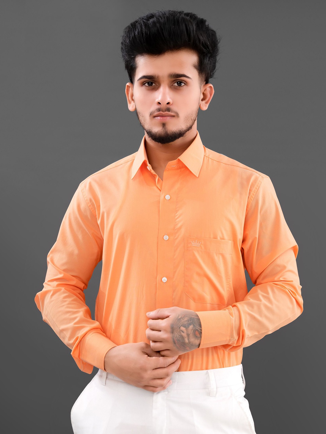 

FRENCH CROWN Men Spread Collar Cotton Casual Shirt, Orange