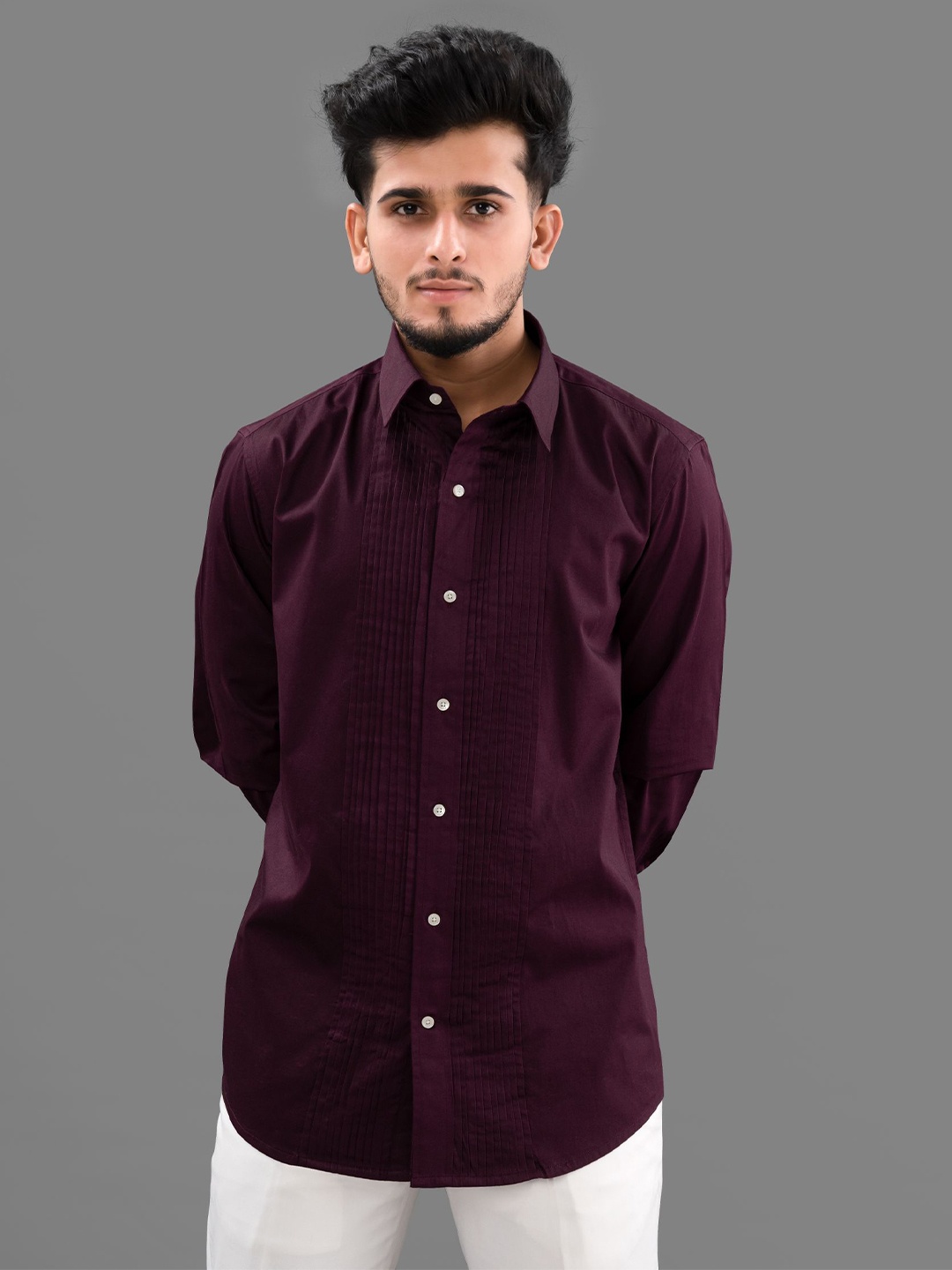 

FRENCH CROWN Men Pleated Cotton Casual Shirt, Maroon