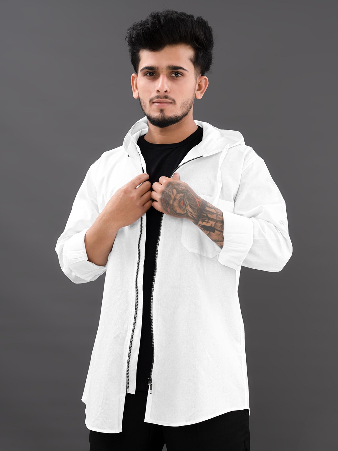 

FRENCH CROWN Men Hooded Cotton Casual Shirt, White