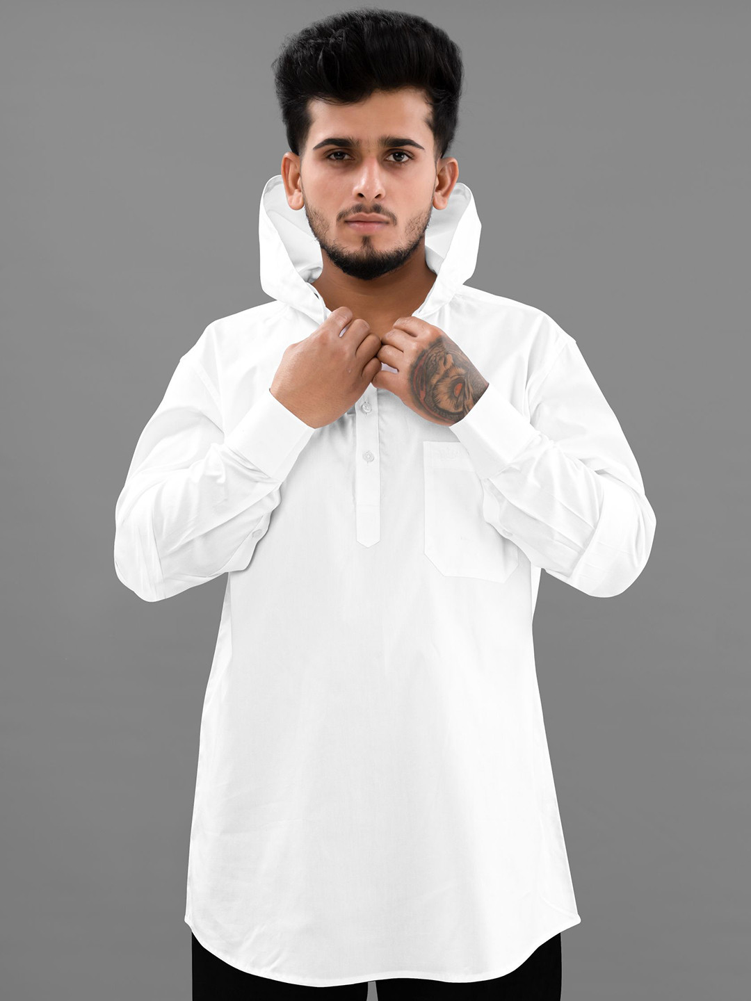 

FRENCH CROWN Men Hooded Standard Casual Cotton Shirt, White