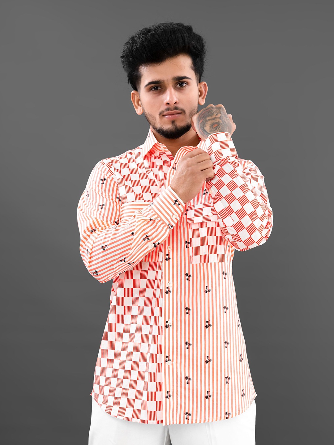 

FRENCH CROWN Men Vertical Stripes Cotton Casual Shirt, Orange