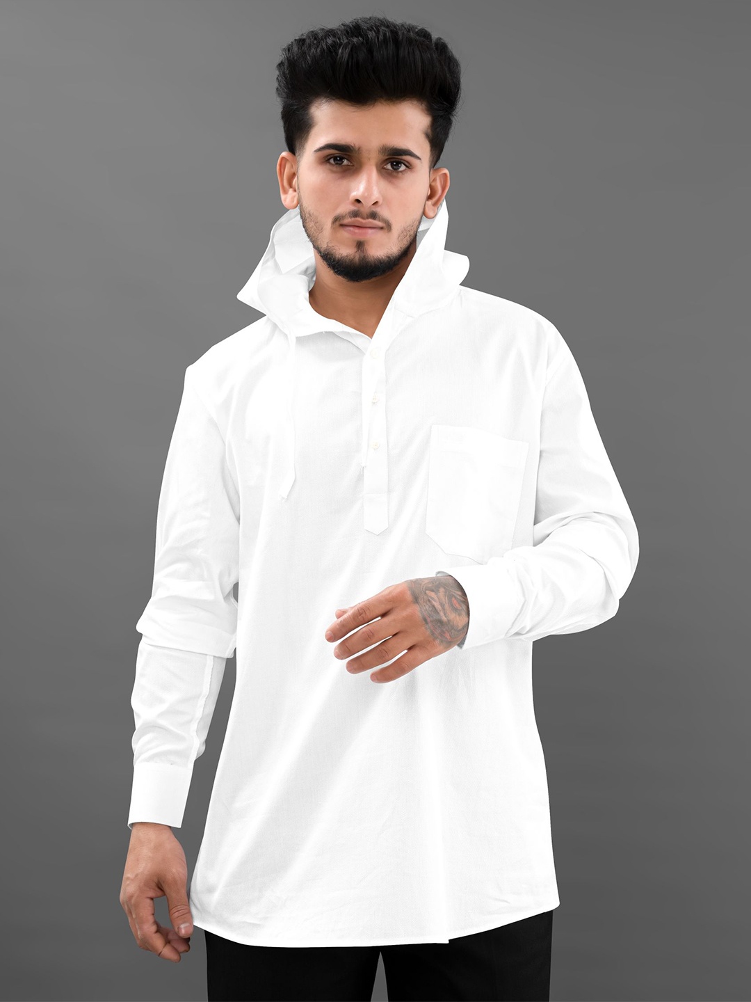 

FRENCH CROWN Men Hooded Standard Casual Cotton Shirt, White