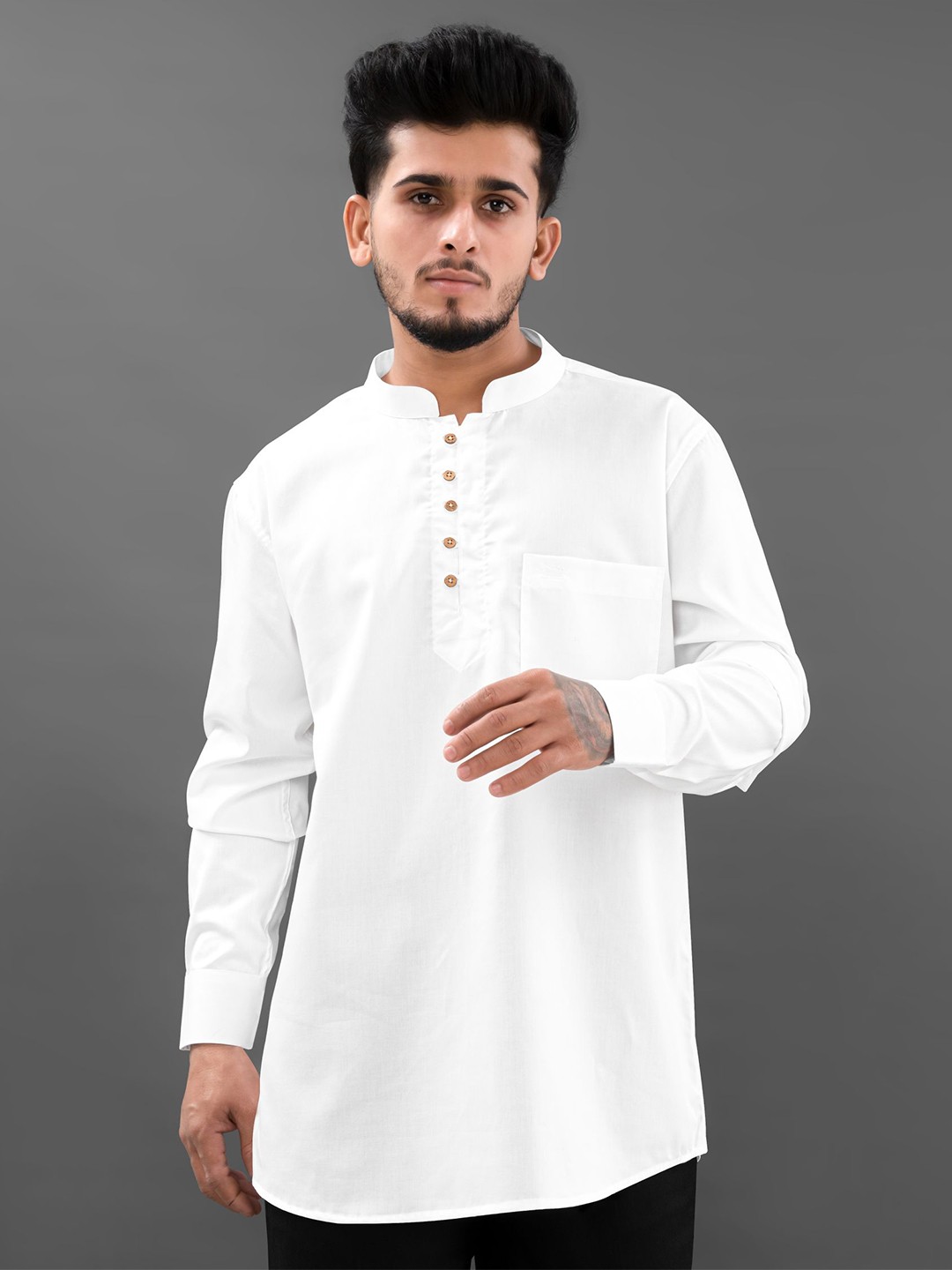 

FRENCH CROWN Men Standard Mandarin collar Casual Cotton Shirt, White
