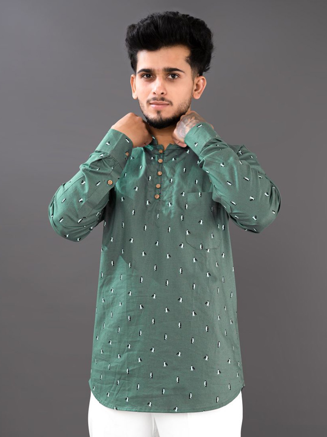 

FRENCH CROWN Men Standard Printed Casual Cotton Shirt, Green