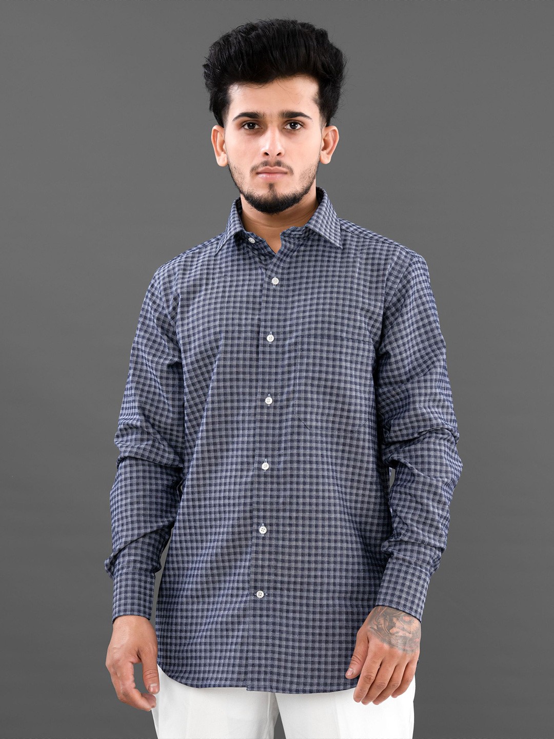 

FRENCH CROWN Men Standard Checked Twill Weave Formal Cotton Shirt, Blue
