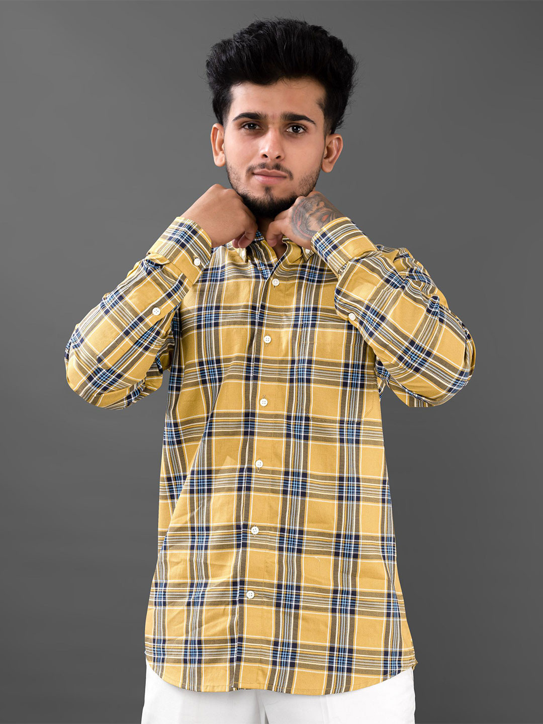 

FRENCH CROWN Men Standard Tartan Checks Casual Cotton Shirt, Brown