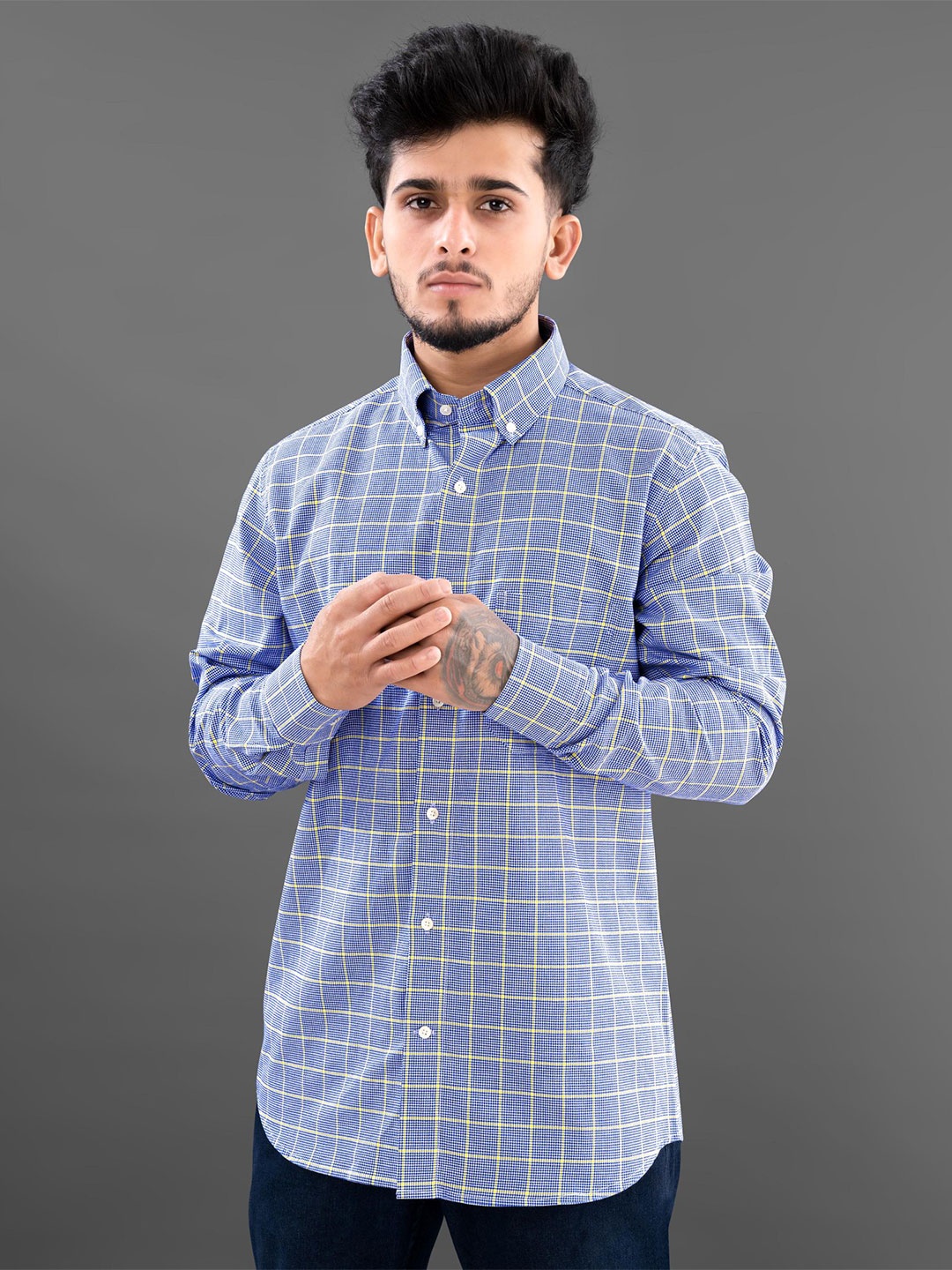 

FRENCH CROWN Men Standard Tartan Checked Casual Cotton Shirt, Blue