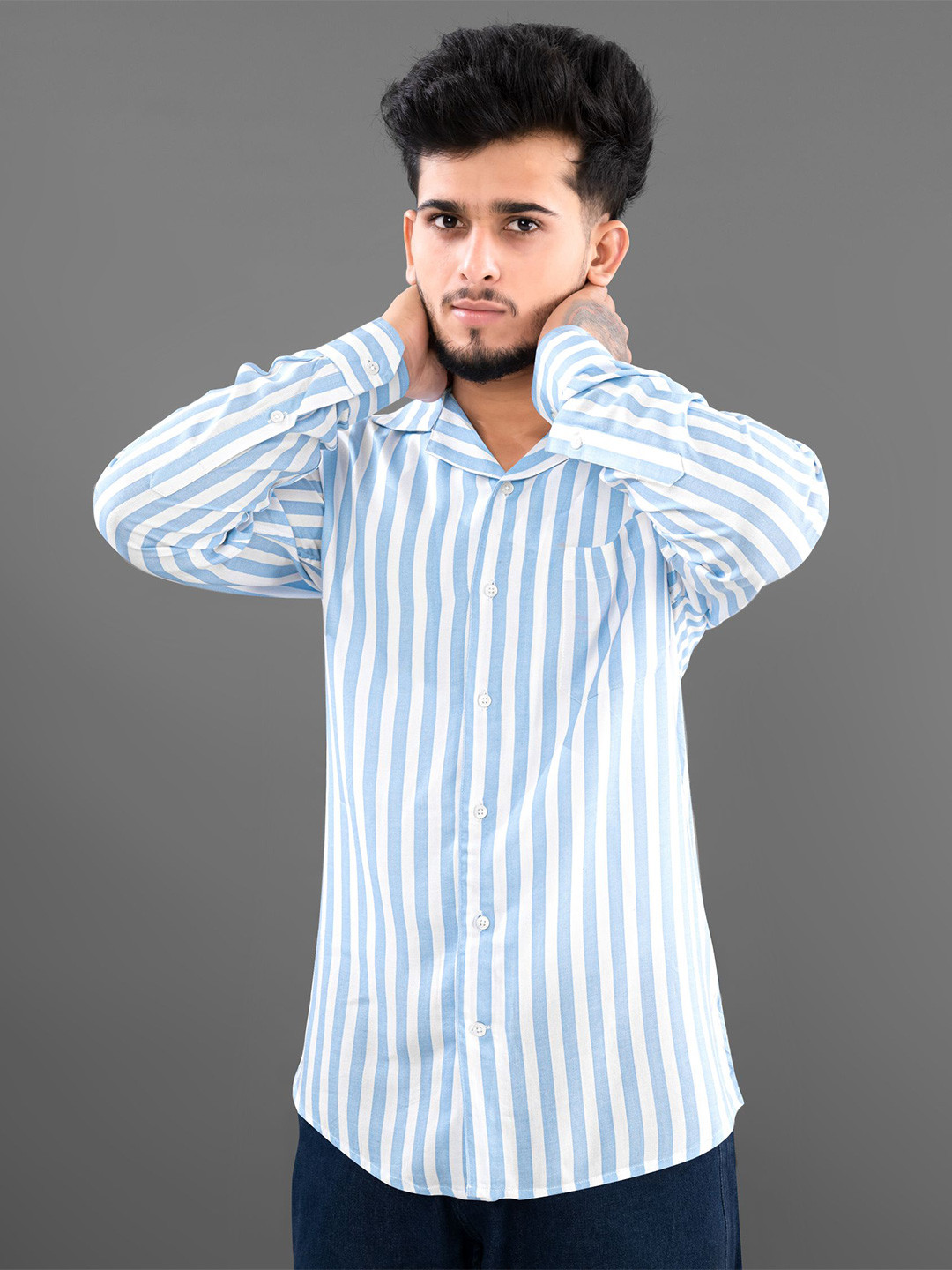

FRENCH CROWN Men Standard Vertical Striped Twill Weave Formal Cotton Shirts, Turquoise blue