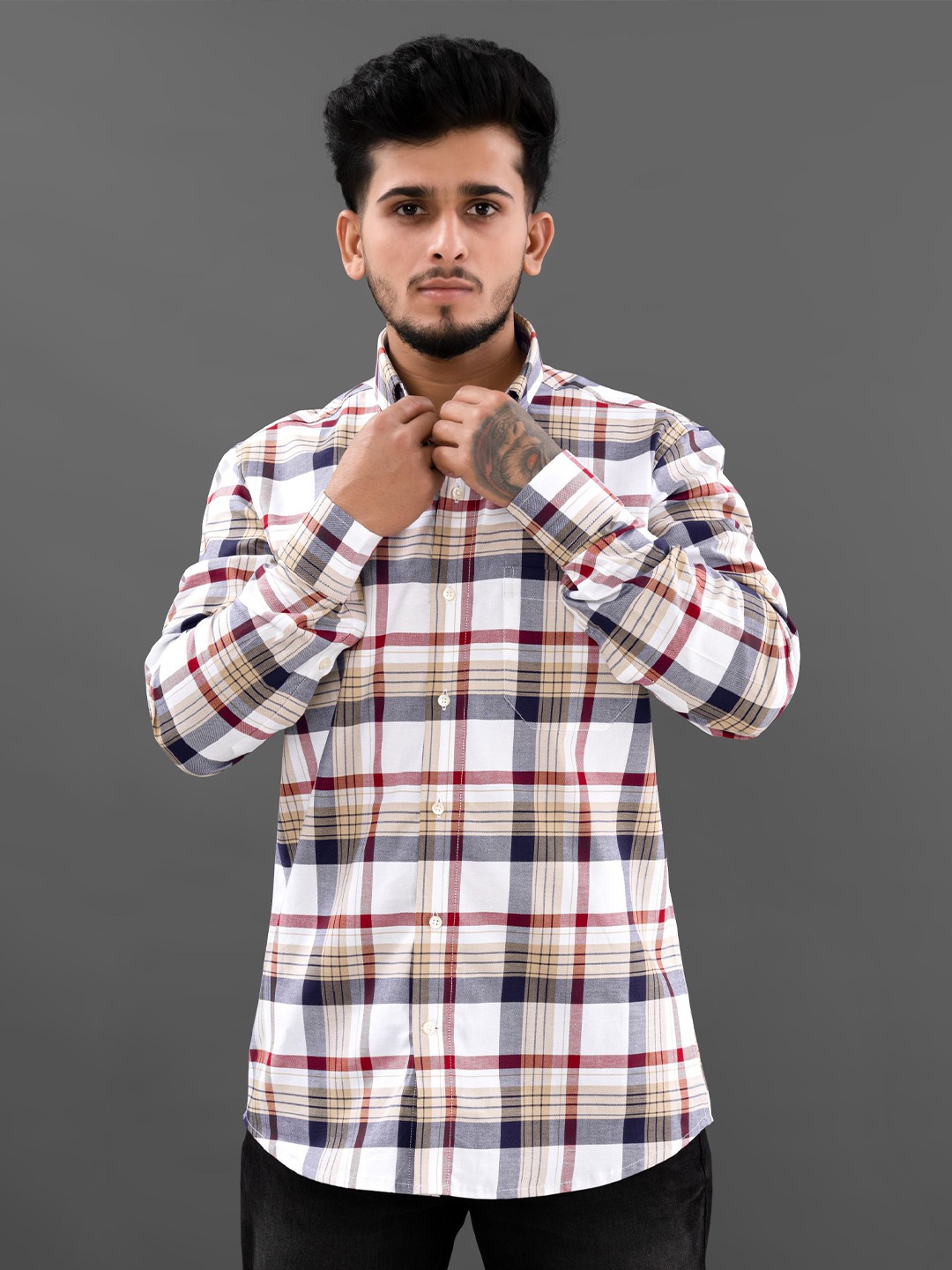 

FRENCH CROWN Men Tartan Checks Cotton Casual Shirt, White