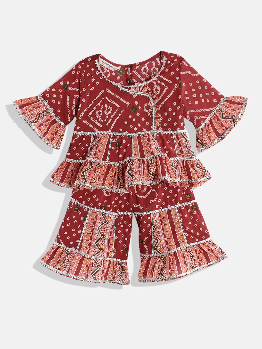 

Readiprint Fashions Girls Printed Angrakha Gotta Patti Pure Cotton Kurti With Sharara, Maroon