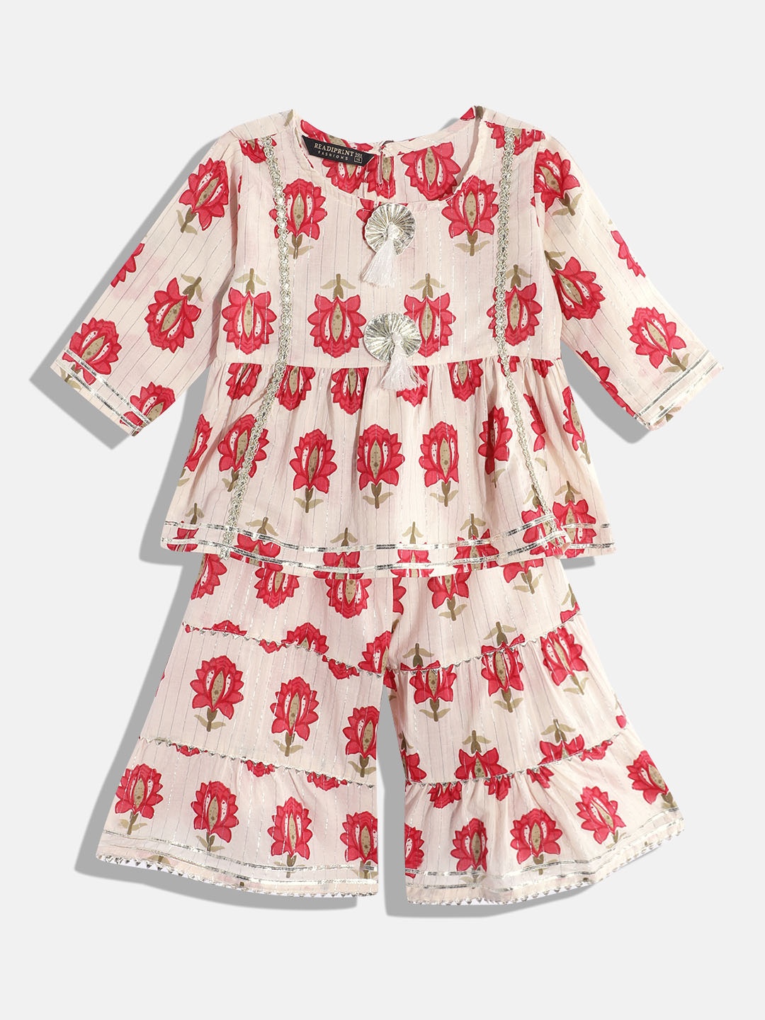 

Readiprint Fashions Girls Ethnic Motifs Printed Gotta Patti Pure Cotton Kurti with Sharara, Cream