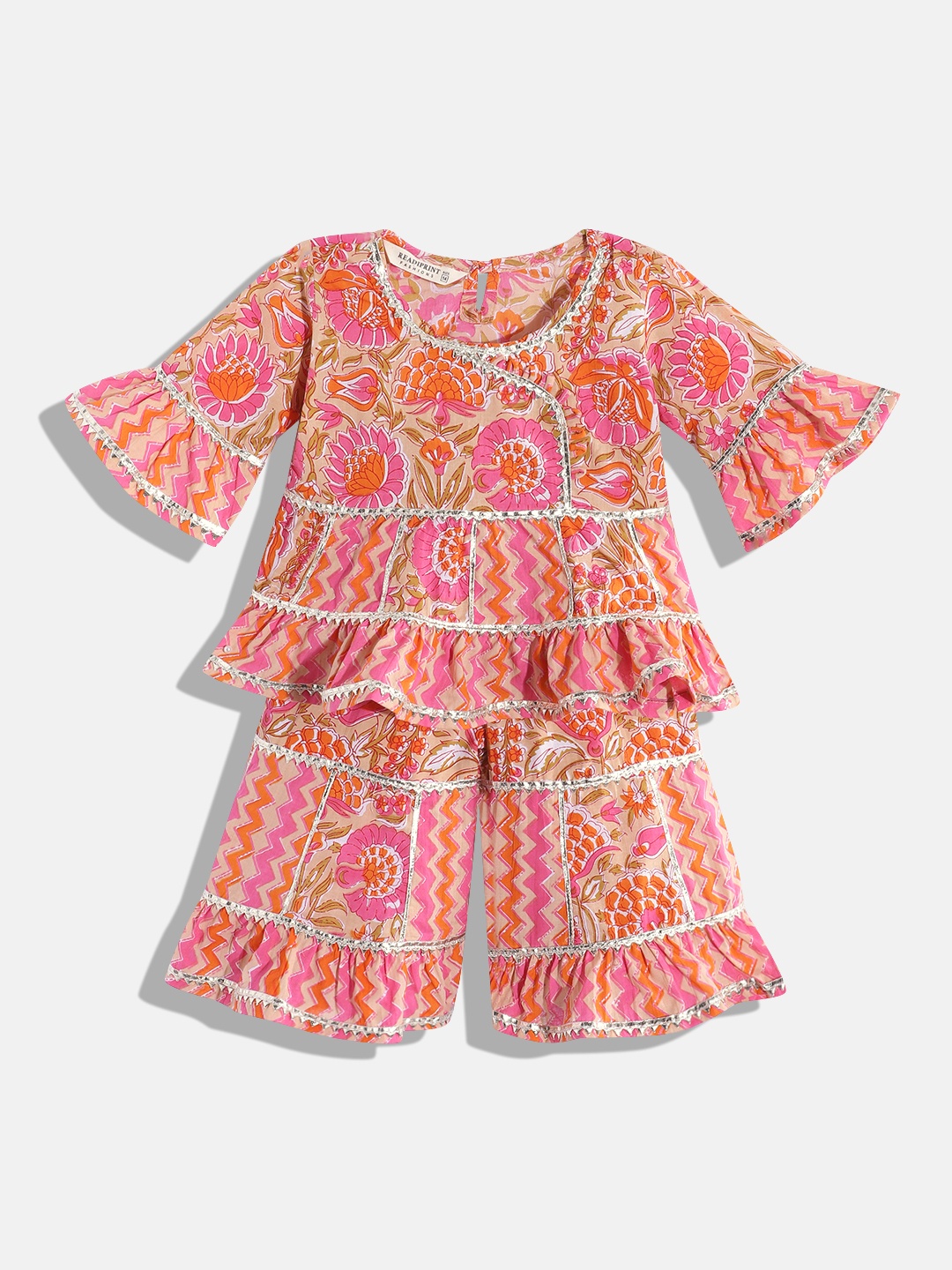 

Readiprint Fashions Girls Ethnic Motifs Printed Gotta Patti Pure Cotton Kurti With Sharara, Pink