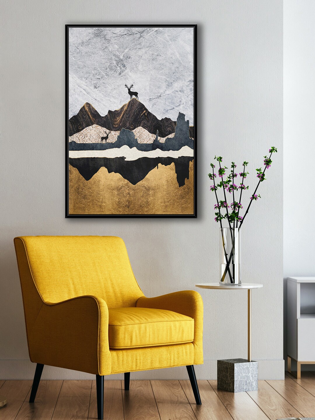 

999Store Grey & Brown The Swamp Deer In Mountain Painting Canvas Wall Art