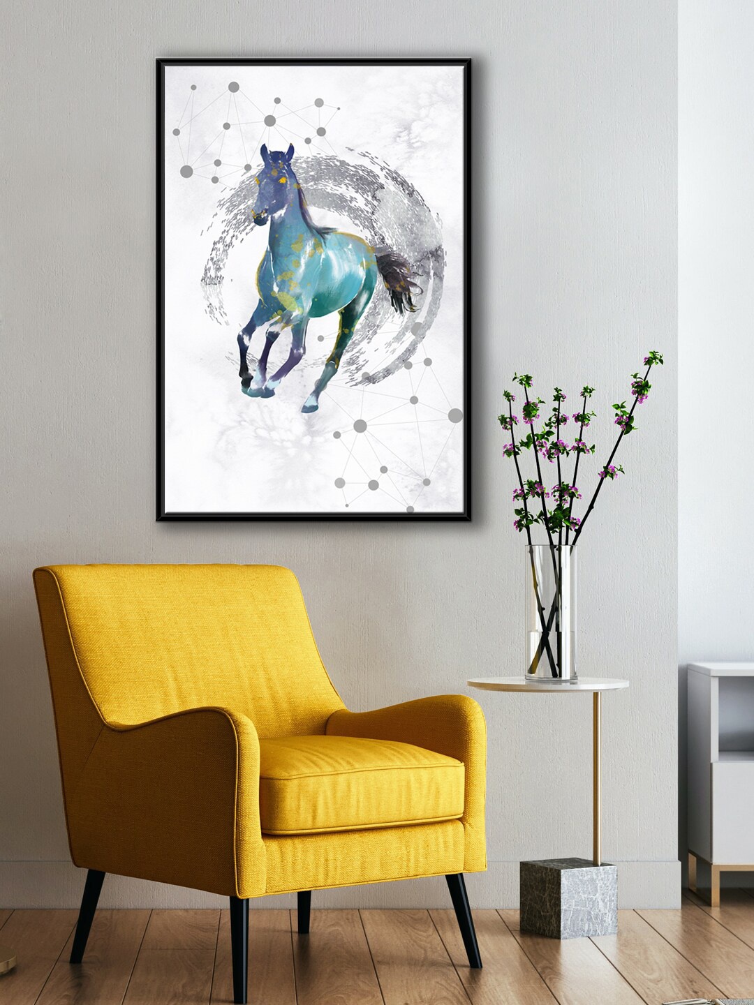 

999Store White & Blue Running Horse With Background Geometrical Painting Canvas Wall Art