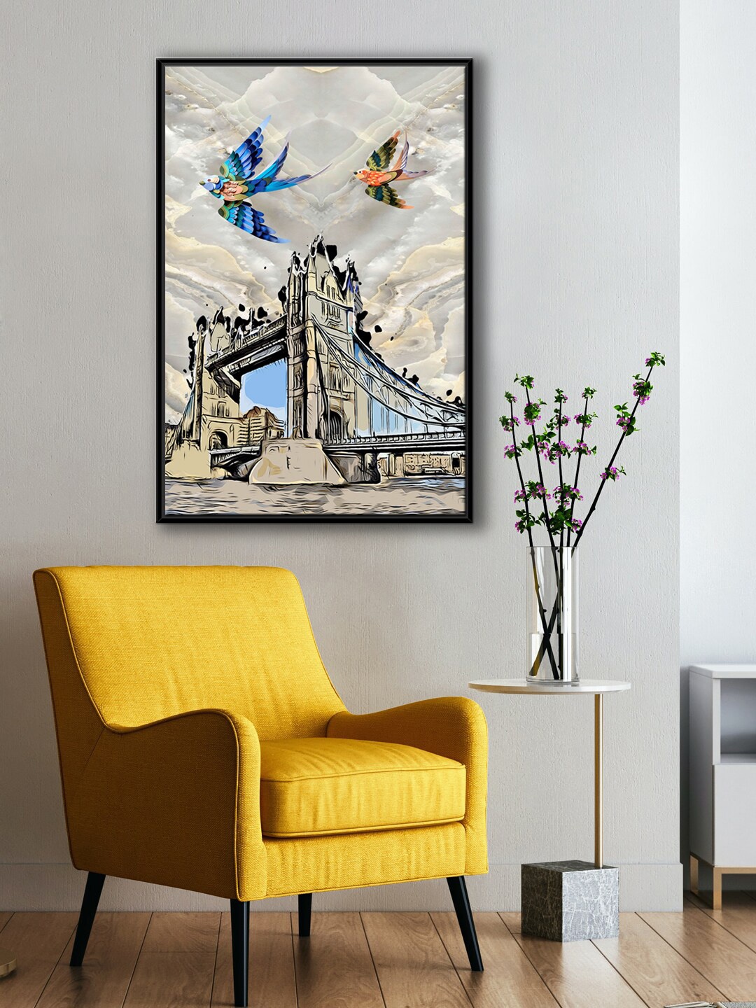 

999Store Grey & Blue Folio Tower Bridge London And Flying Rc Bird Painting Canvas Wall Art