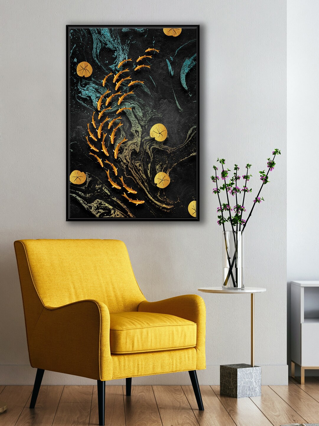 

999Store Black & Golden Color Koi Fish Painting Canvas Wall Art