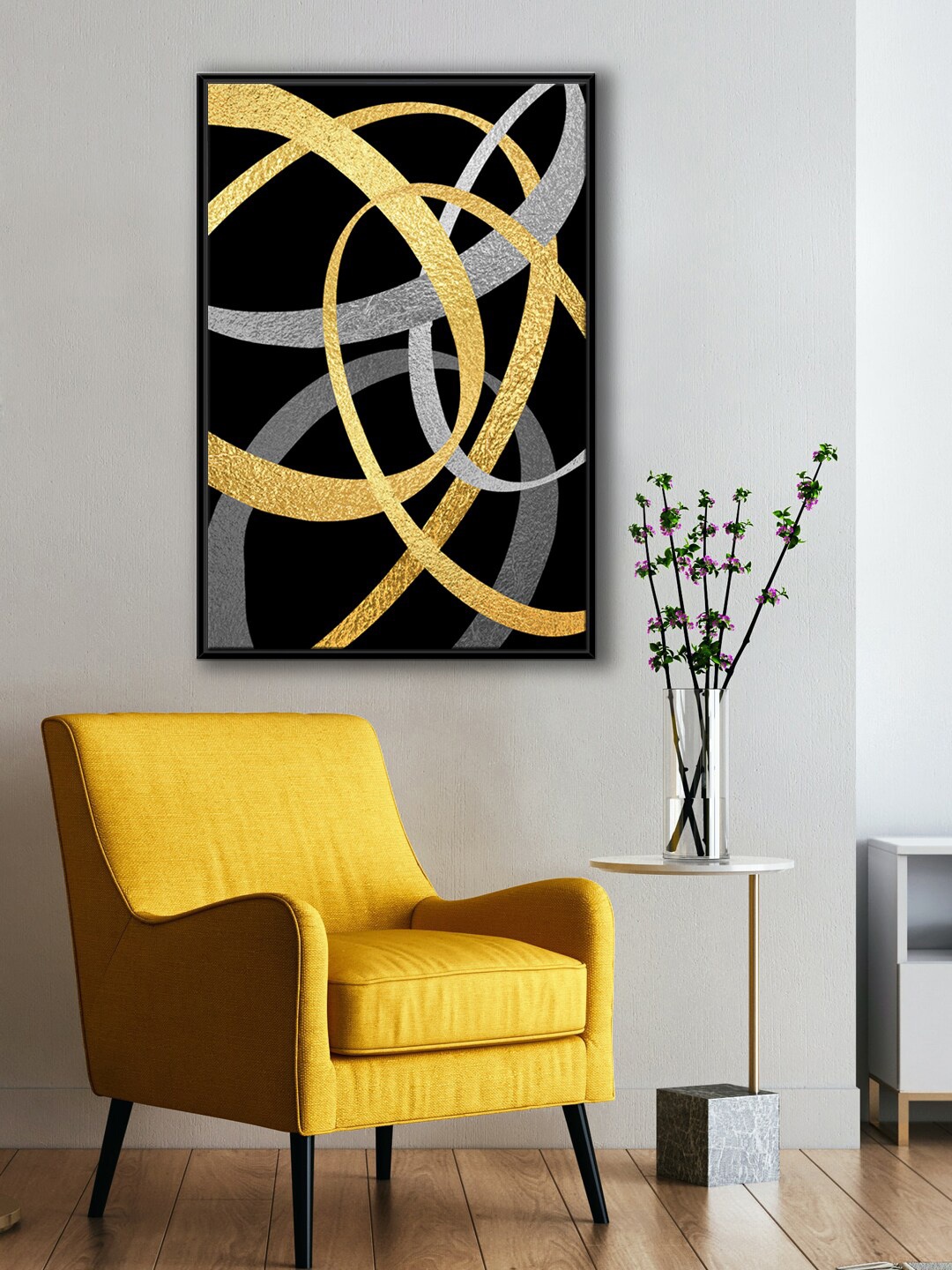 

999Store Black & Golden Color Abstract Line Painting Canvas Wall Art