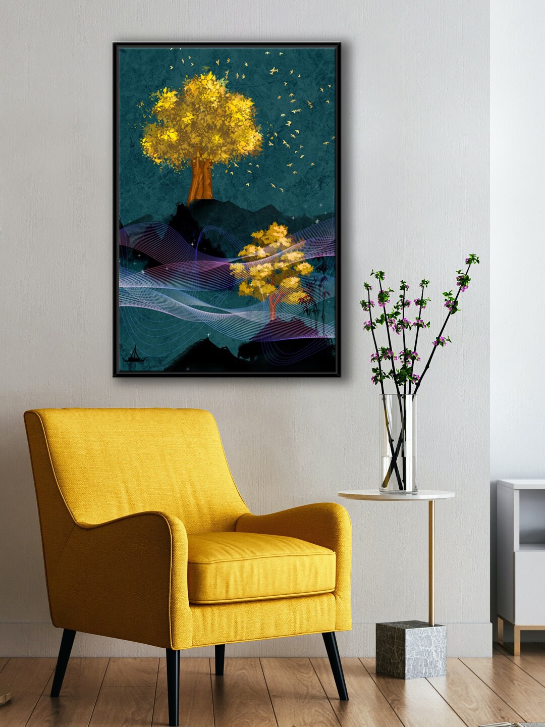 

999Store Golden and Blue Tree With Flying Birds & Abstract Line Painting Canvas Wall Art