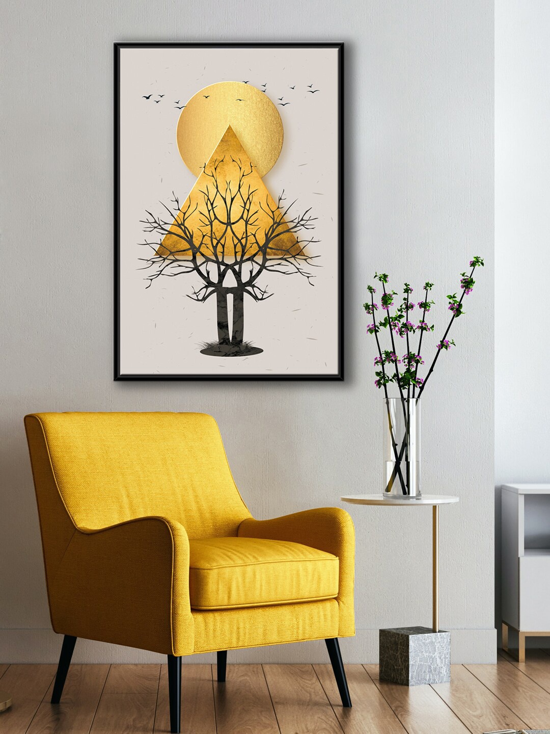 

999Store Grey Tree With Triangle & Golden Sun With Flying Birds Painting Canvas Wall Art