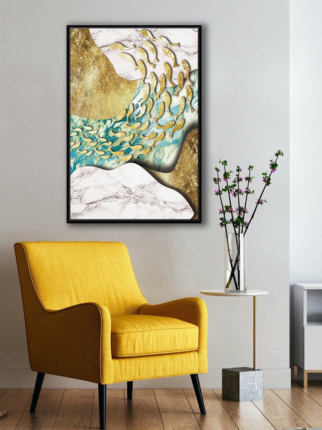 

999Store Gold & White Mountain Sea And Koi Fish Painting Canvas Wall Art