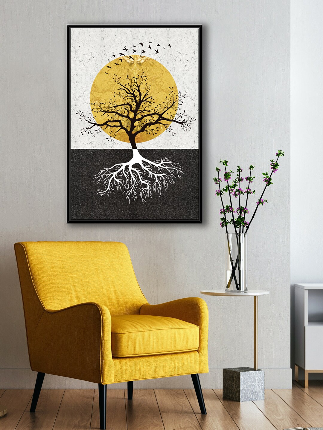 

999Store White & Yellow Tree With Golden Sun And Flying Birds Wall Art