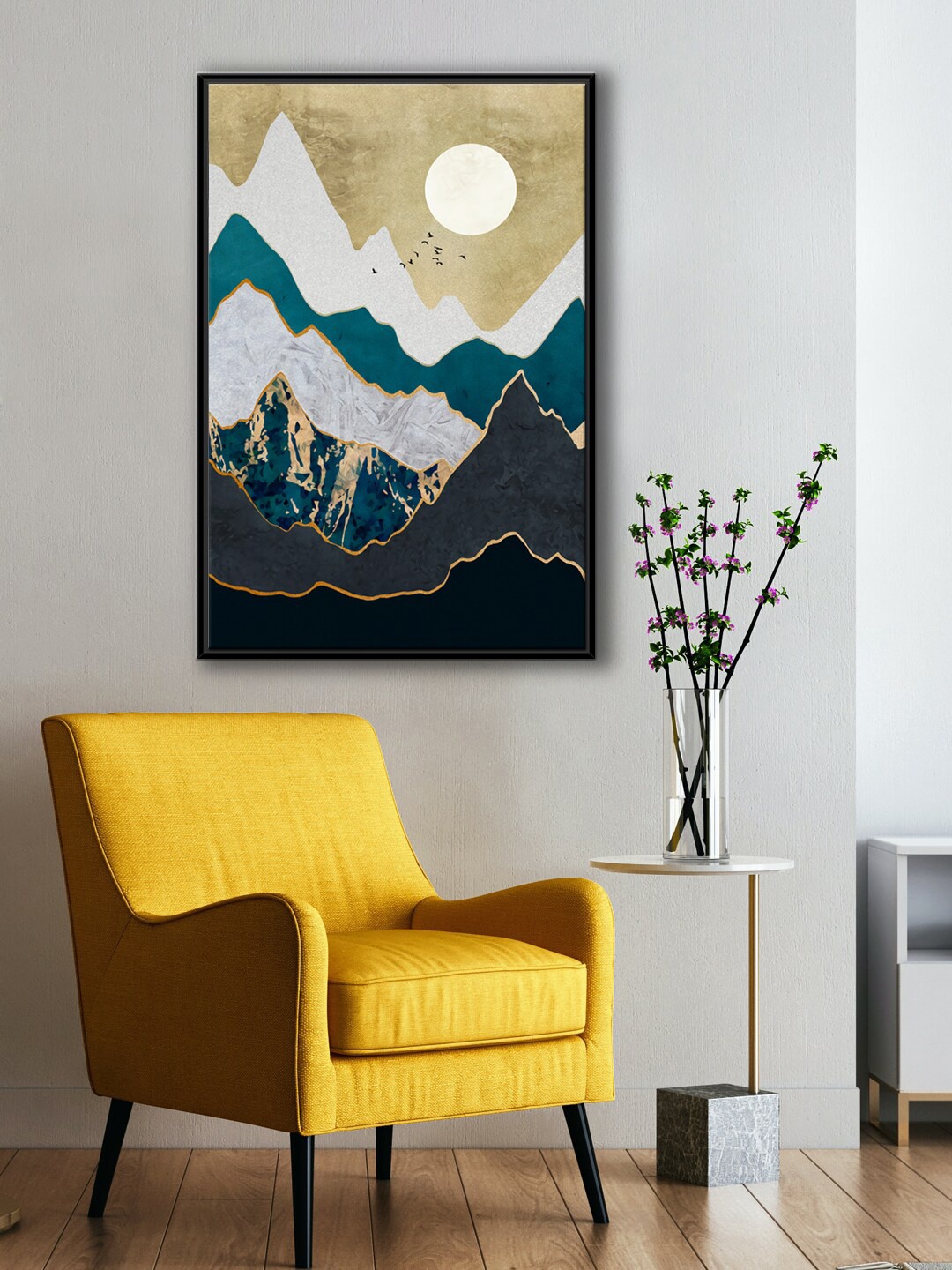 

999Store Beige & White Mountain Sunset With Flying Birds Wall Art