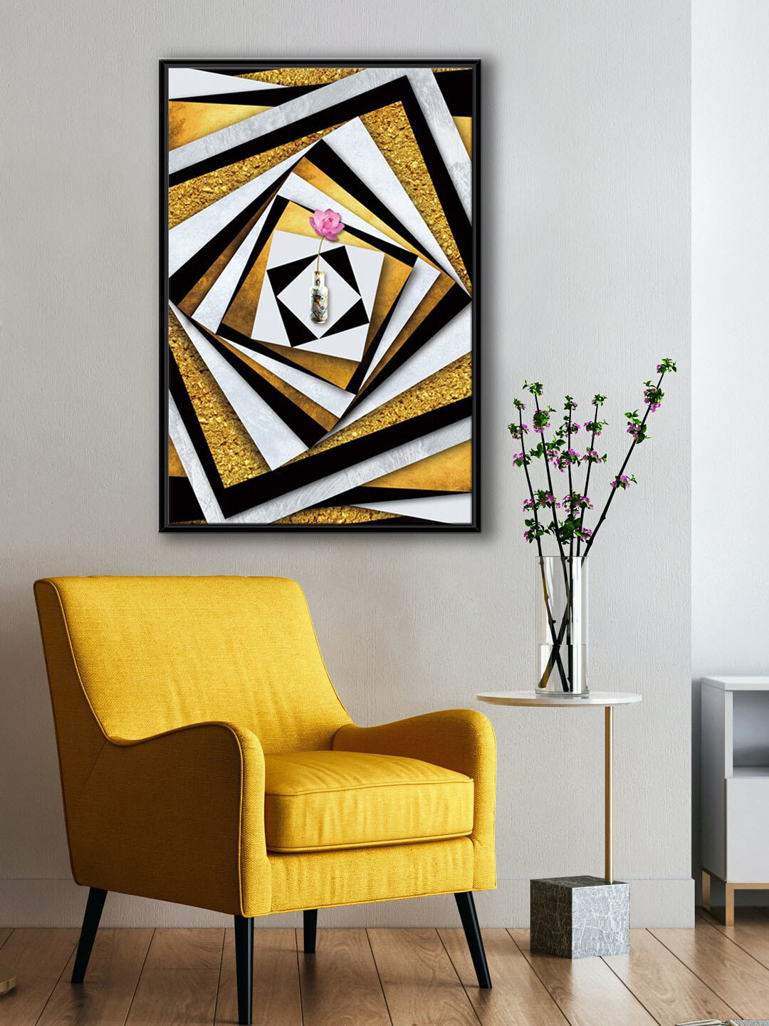 

999Store Gold Toned & Black Abstract Flower Art Framed Painting Wall Art
