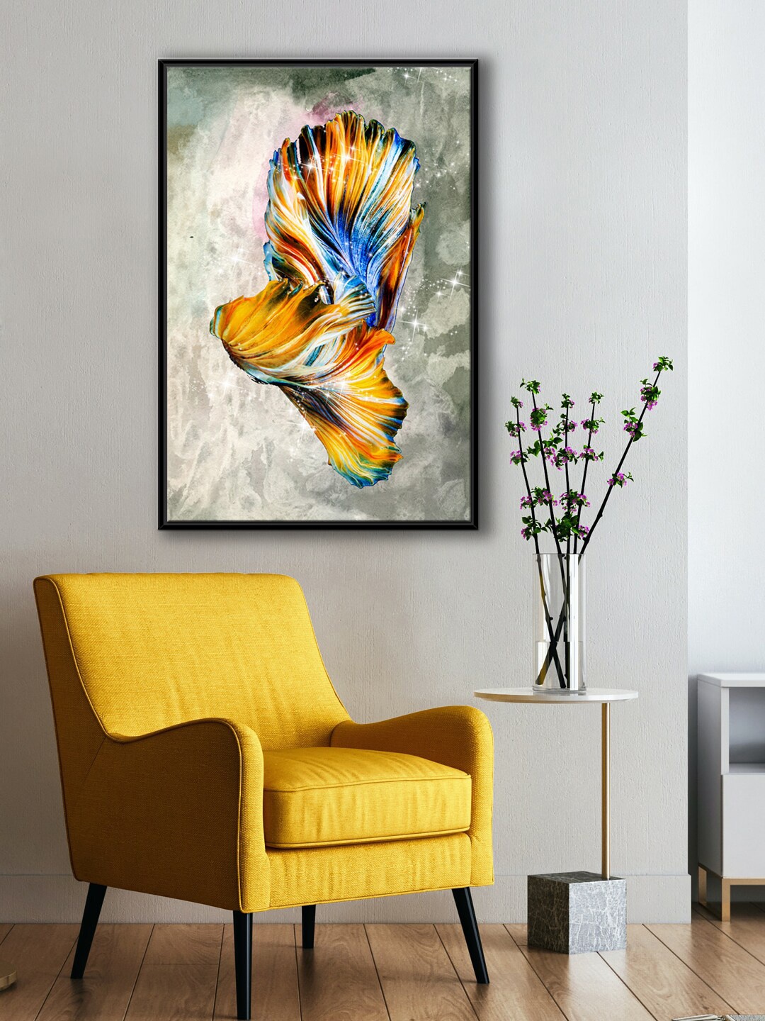 

999Store Yellow & Blue Koi Fish Feng Shui Modern Framed Painting Wall Art