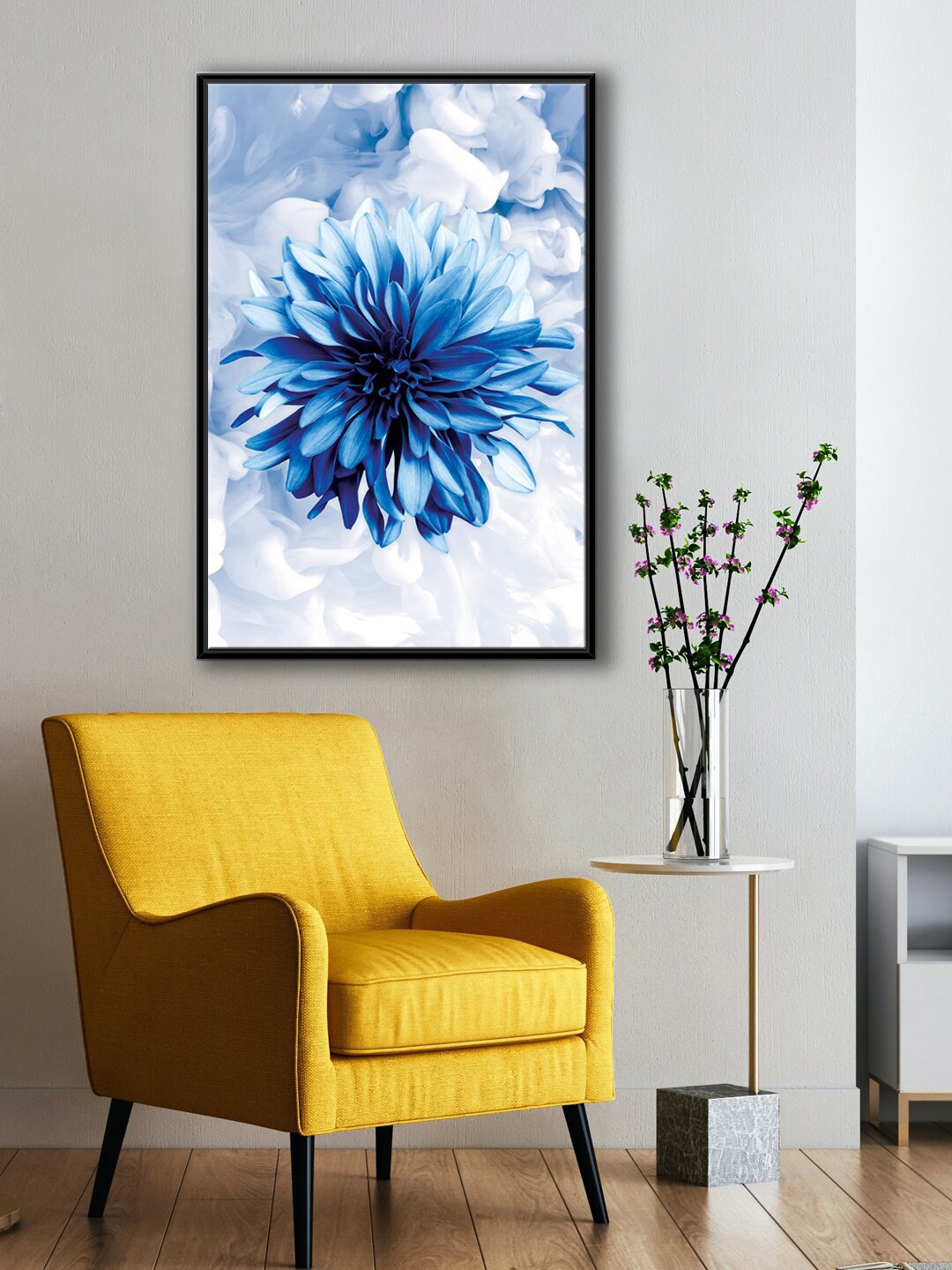 

999Store White & Blue Flower With Background Abstract Effect Painting Wall Art