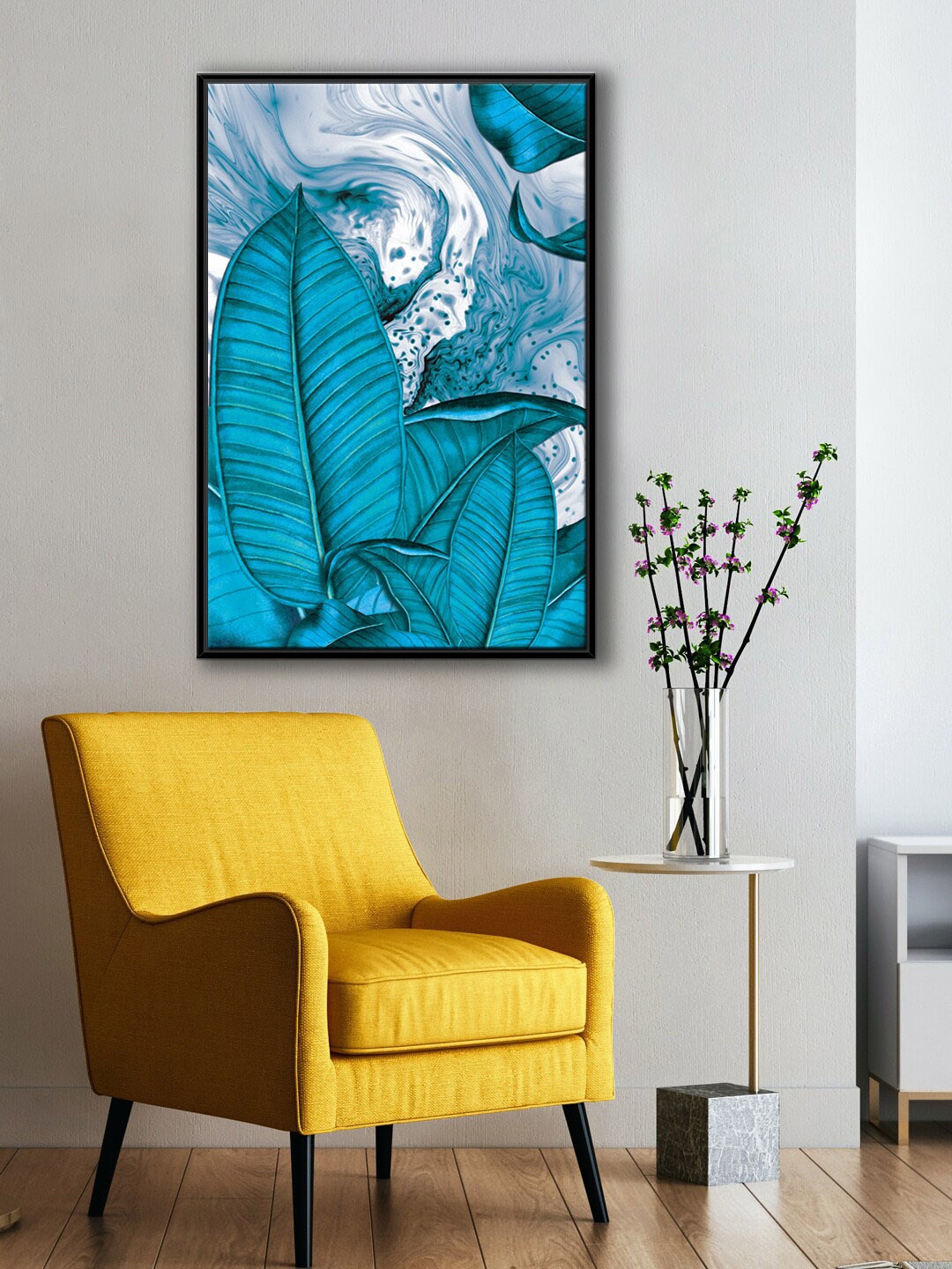 

999Store Blue & White Leaf With Background Abstract Effect PaintingWall Art
