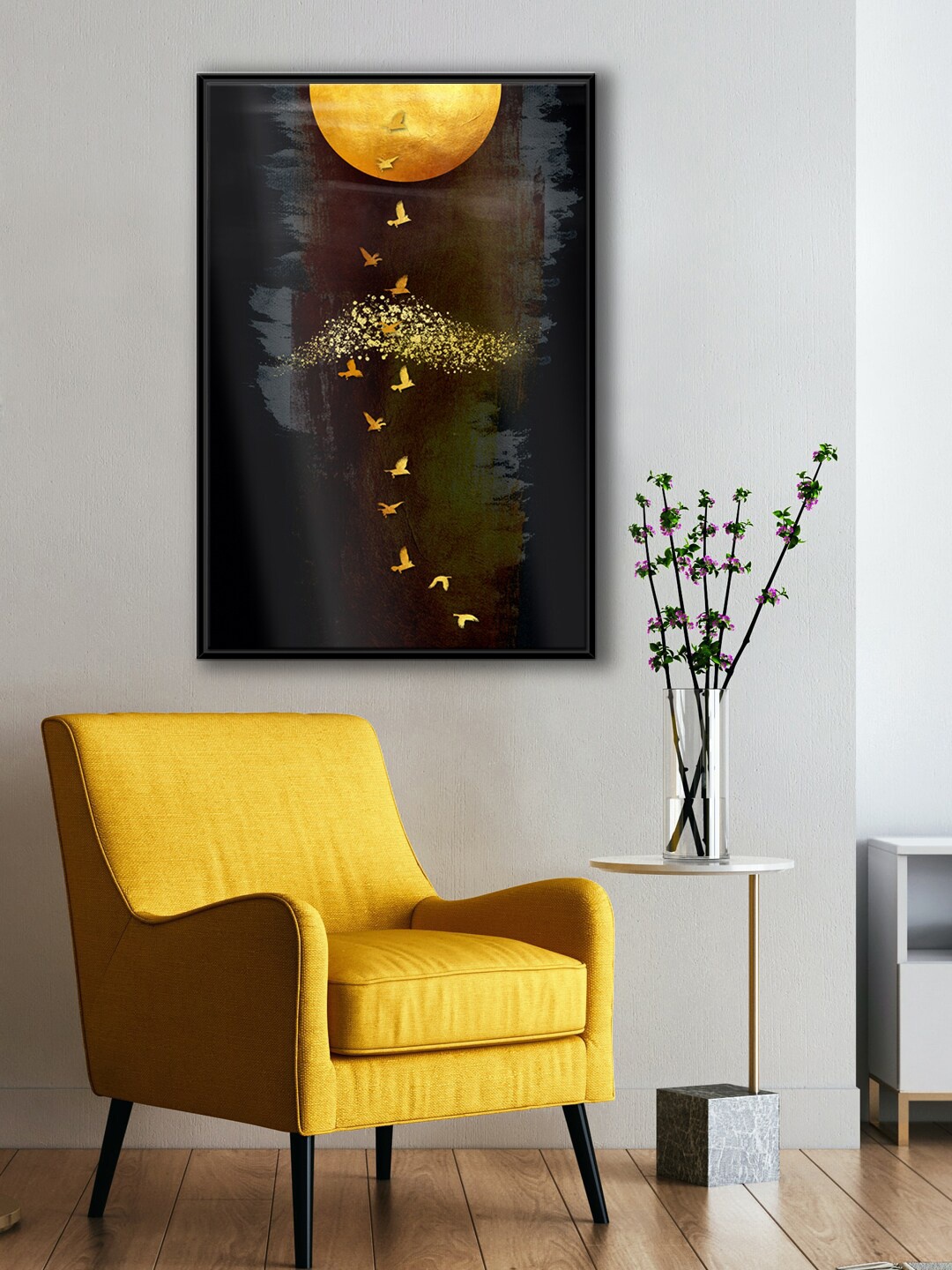 

999Store Modern Grey & Black Half Moon With Flying Bird Wall Art
