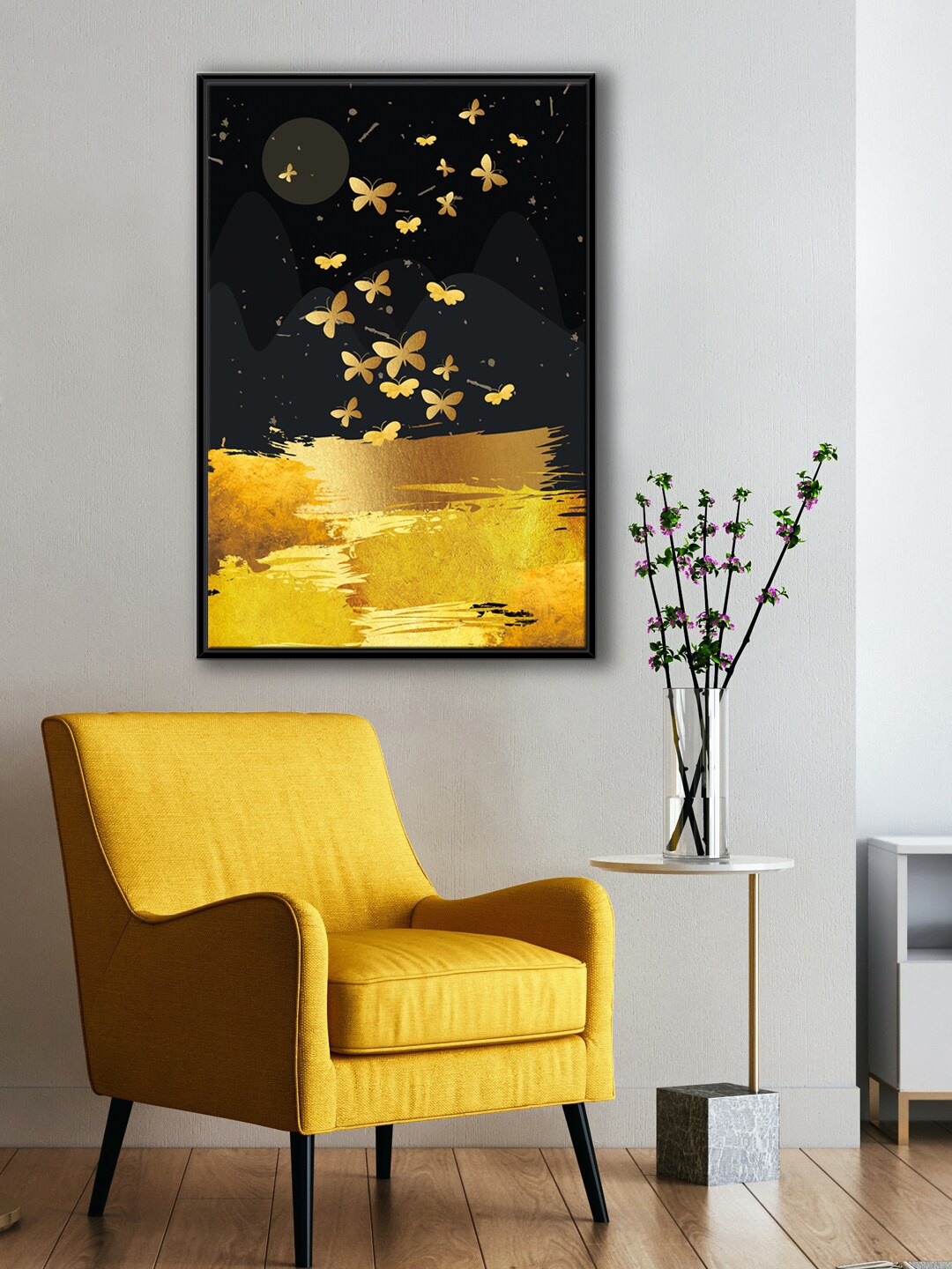 

999Store Modern Black & Yellow Flying Butterfly Canvas Painting Wall Art